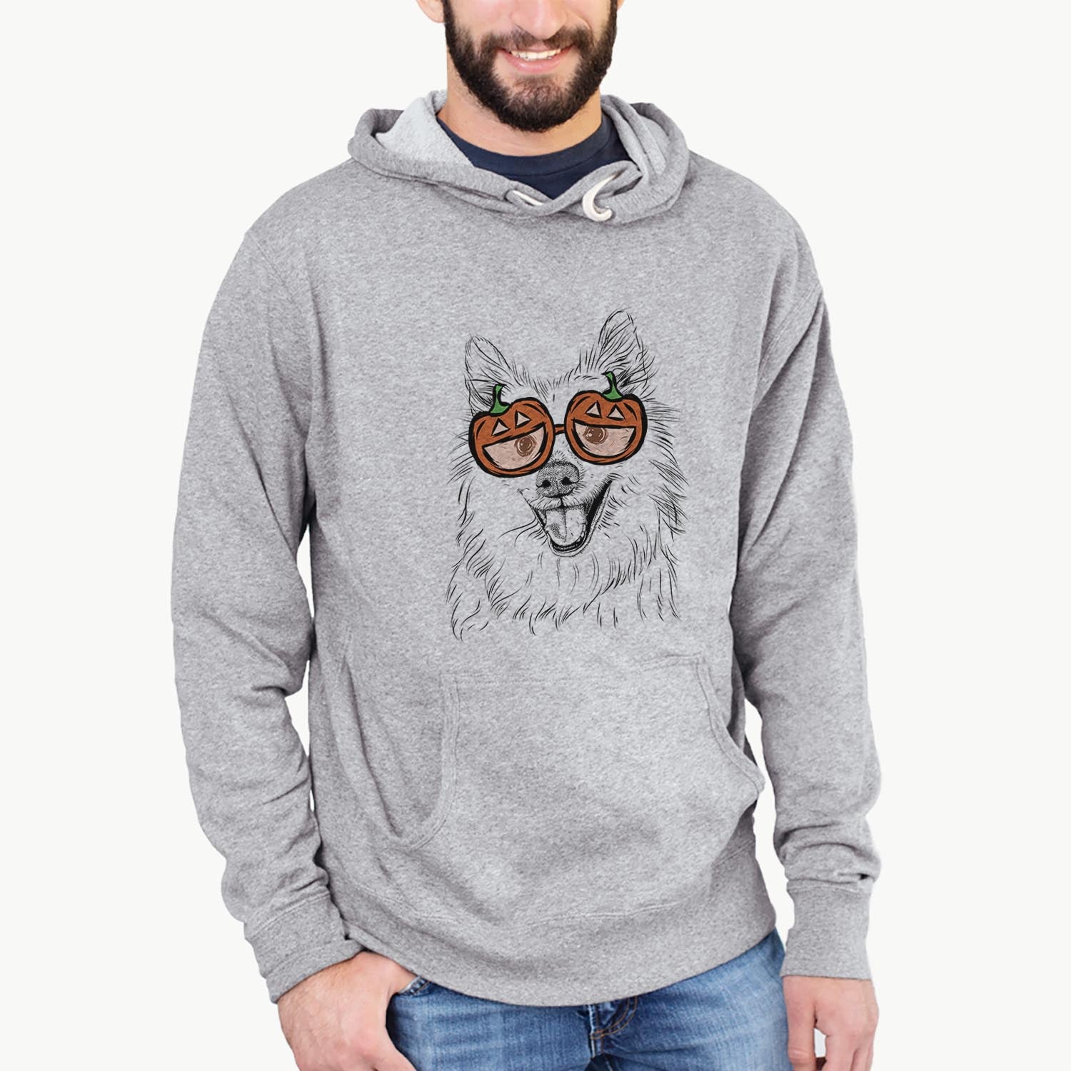 Hand-drawn sketch of Miki the American Eskimo wearing pumpkin glasses on a Grey pumpkin collection