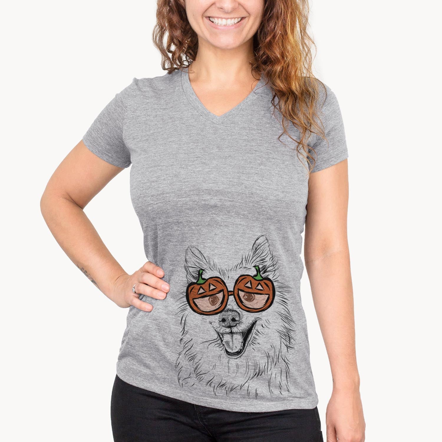 Hand-drawn sketch of Miki the American Eskimo wearing pumpkin glasses on a Grey pumpkin collection