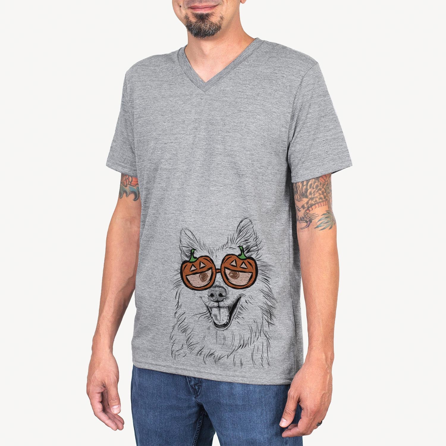 Hand-drawn sketch of Miki the American Eskimo wearing pumpkin glasses on a Grey pumpkin collection