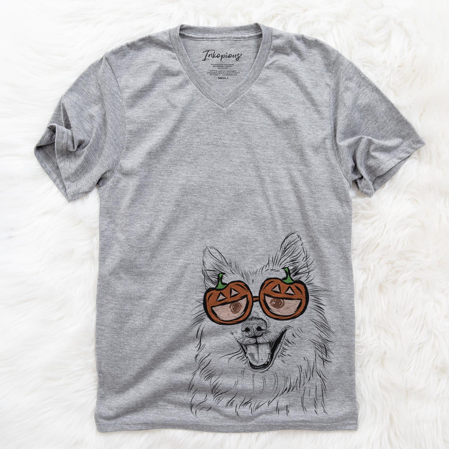Hand-drawn sketch of Miki the American Eskimo wearing pumpkin glasses on a Grey pumpkin collection