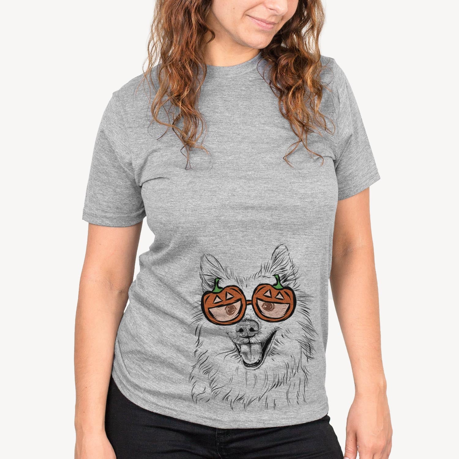 Hand-drawn sketch of Miki the American Eskimo wearing pumpkin glasses on a Grey pumpkin collection, on a hanger