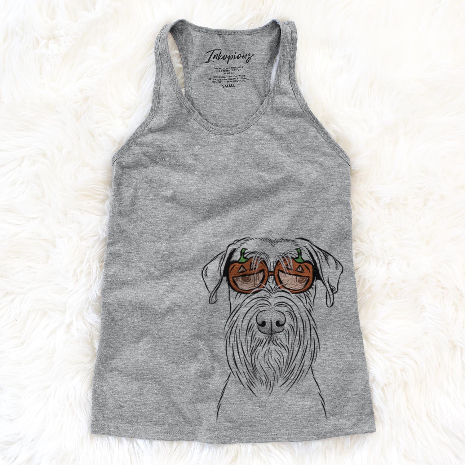 Hand-drawn sketch of Milton the Standard Schnauzer wearing pumpkin glasses on a Grey pumpkin collection
