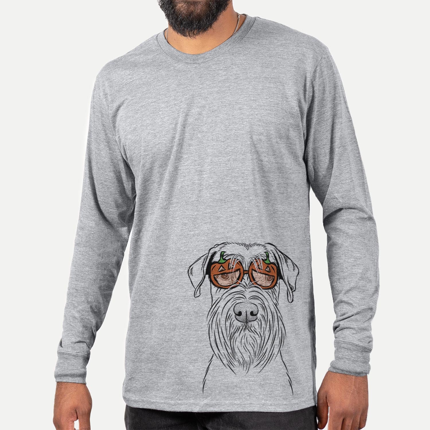 Hand-drawn sketch of Milton the Standard Schnauzer wearing pumpkin glasses on a Grey pumpkin collection, hanging on a wall