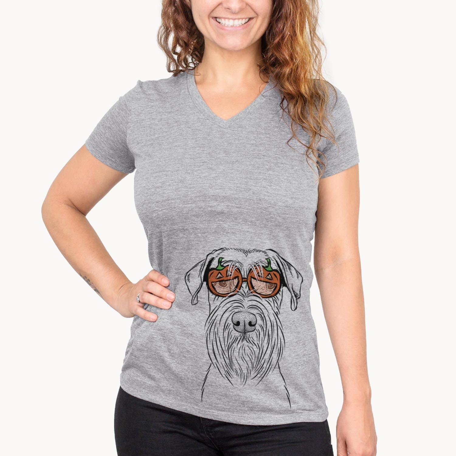 Hand-drawn sketch of Milton the Standard Schnauzer wearing pumpkin glasses on a Grey pumpkin collection