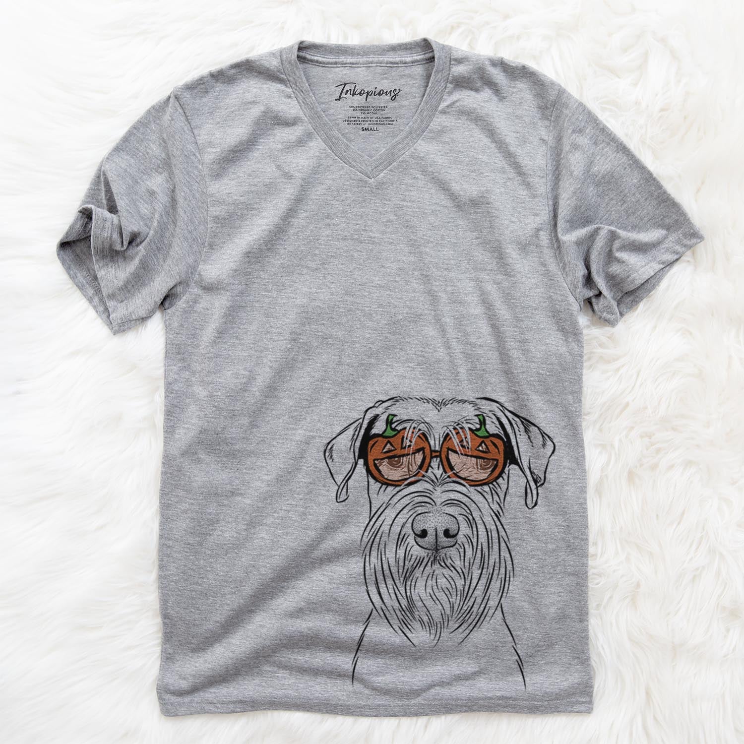 Hand-drawn sketch of Milton the Standard Schnauzer wearing pumpkin glasses on a Grey pumpkin collection