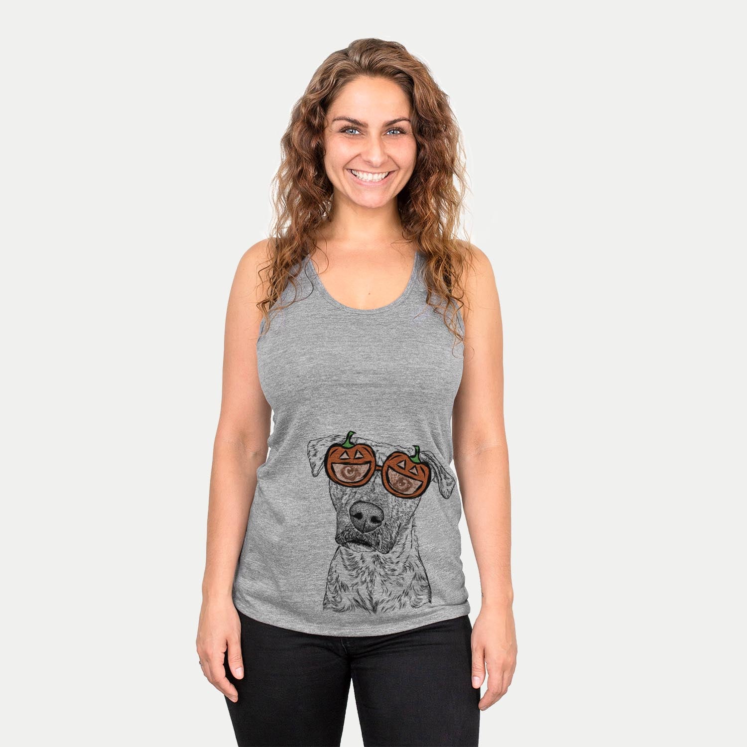 Hand-drawn sketch of Monster Baby the Pitbull Mix wearing pumpkin glasses on a Grey pumpkin collection