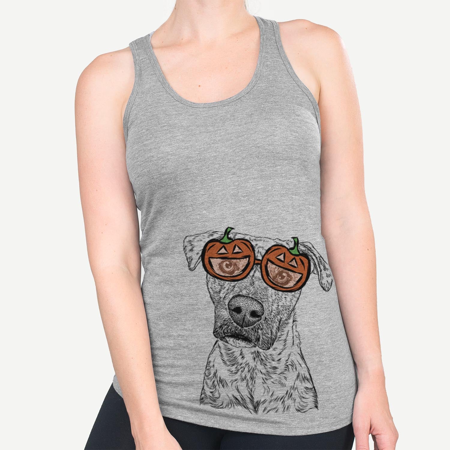 Hand-drawn sketch of Monster Baby the Pitbull Mix wearing pumpkin glasses on a Grey pumpkin collection