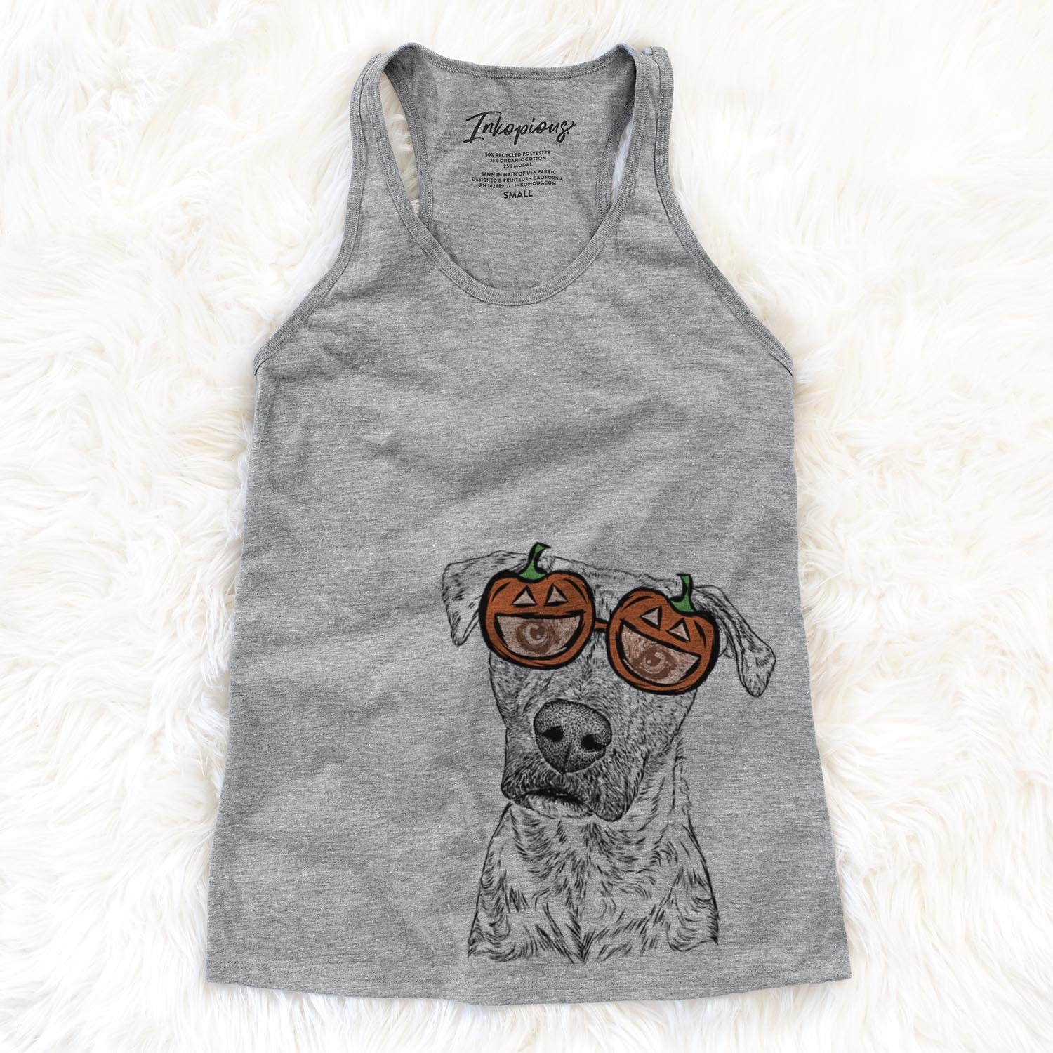 Hand-drawn sketch of Monster Baby the Pitbull Mix wearing pumpkin glasses on a Grey pumpkin collection