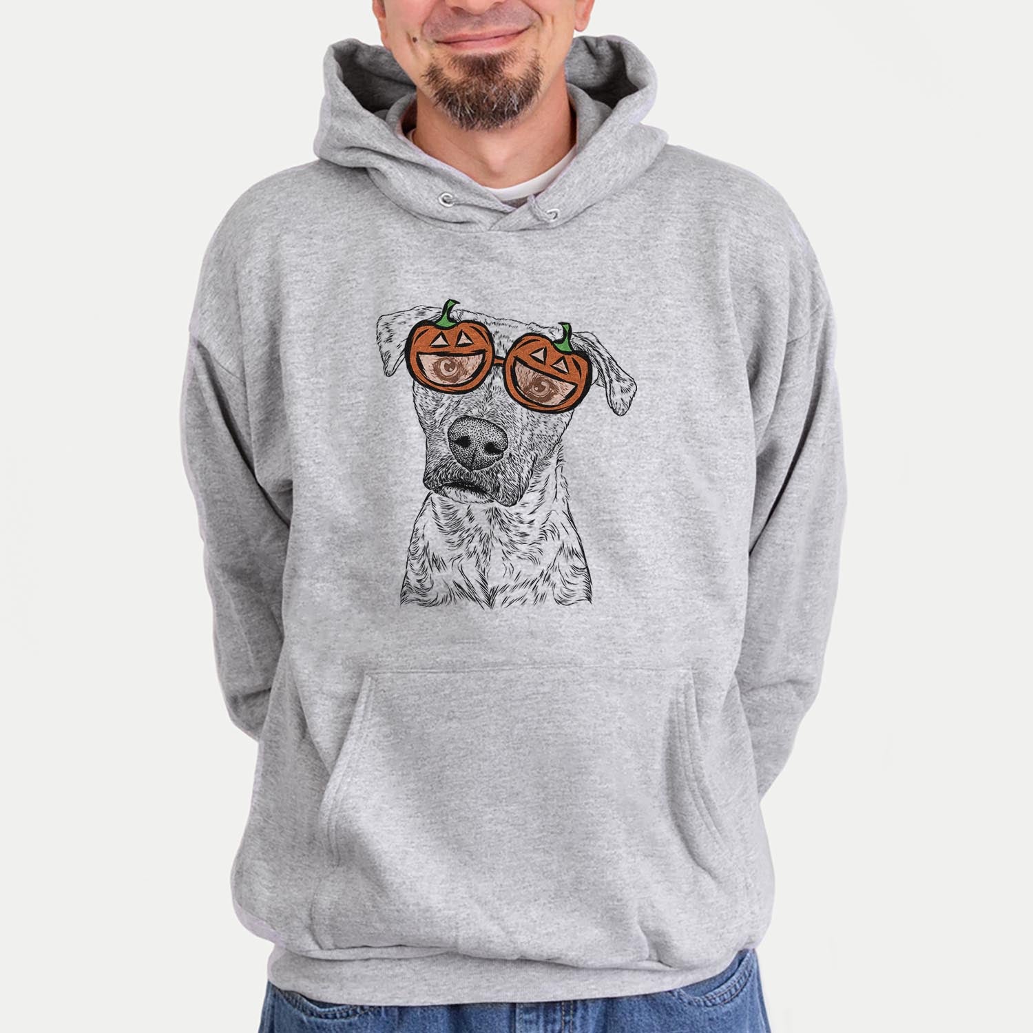 Hand-drawn sketch of Monster Baby the Pitbull Mix wearing pumpkin glasses on a Grey pumpkin collection, hanging on a wall