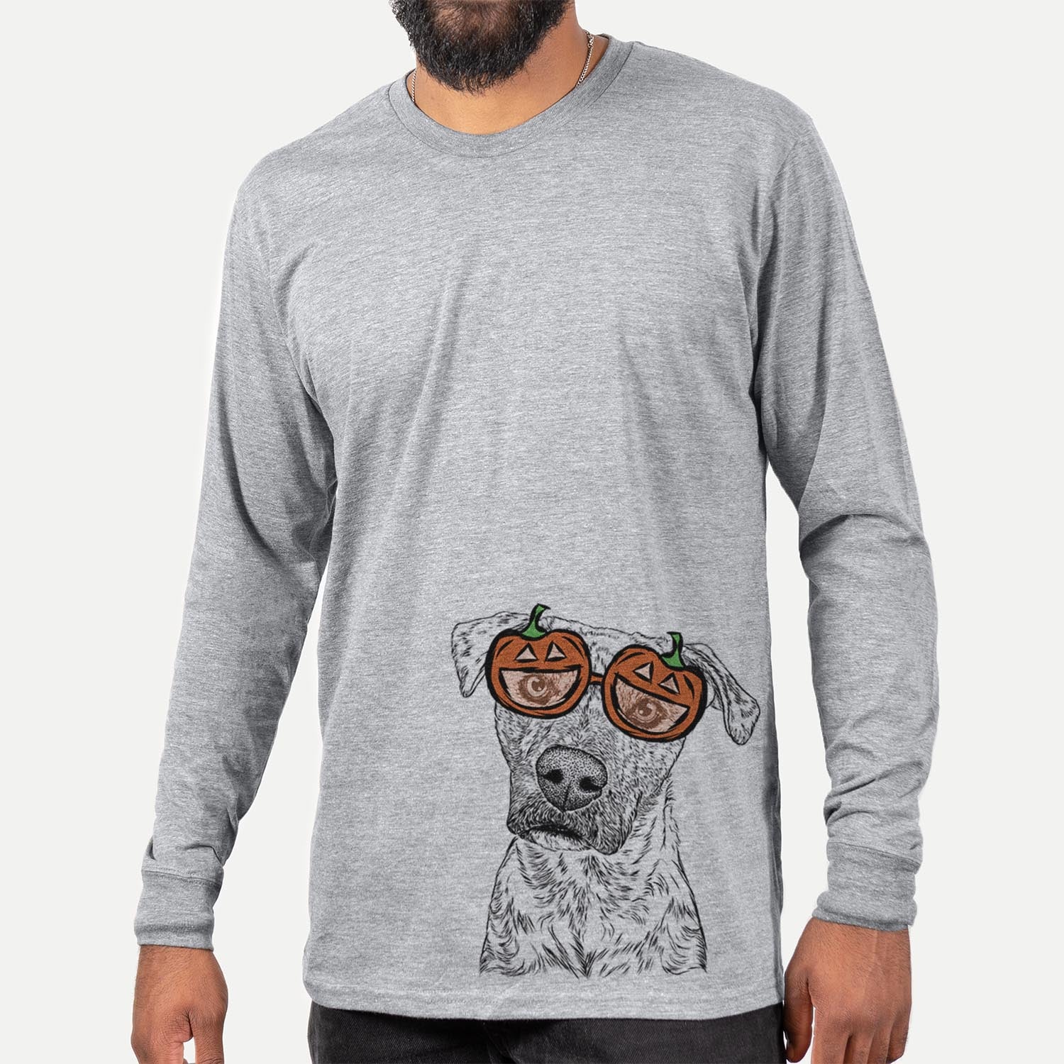Hand-drawn sketch of Monster Baby the Pitbull Mix wearing pumpkin glasses on a Grey pumpkin collection, hanging on a wall
