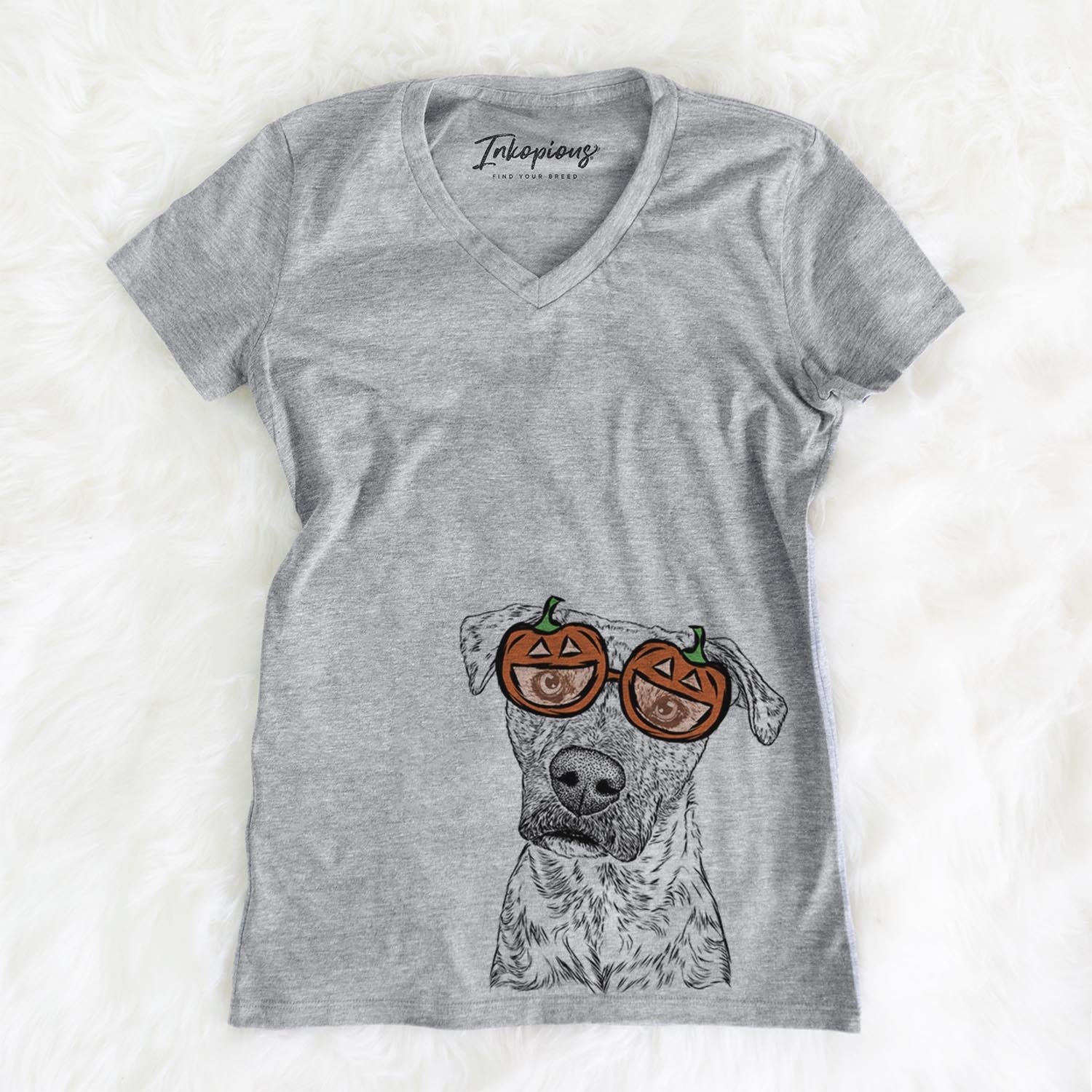 Hand-drawn sketch of Monster Baby the Pitbull Mix wearing pumpkin glasses on a Grey pumpkin collection, on a hanger
