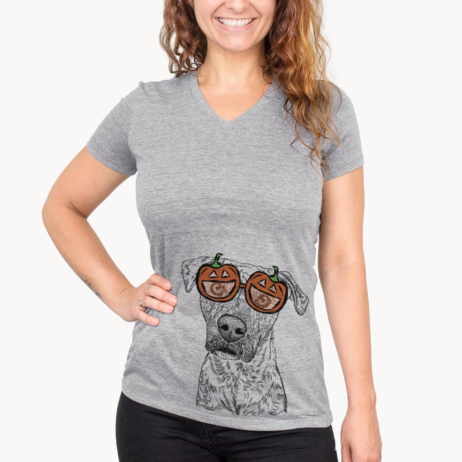 Hand-drawn sketch of Monster Baby the Pitbull Mix wearing pumpkin glasses on a Grey pumpkin collection