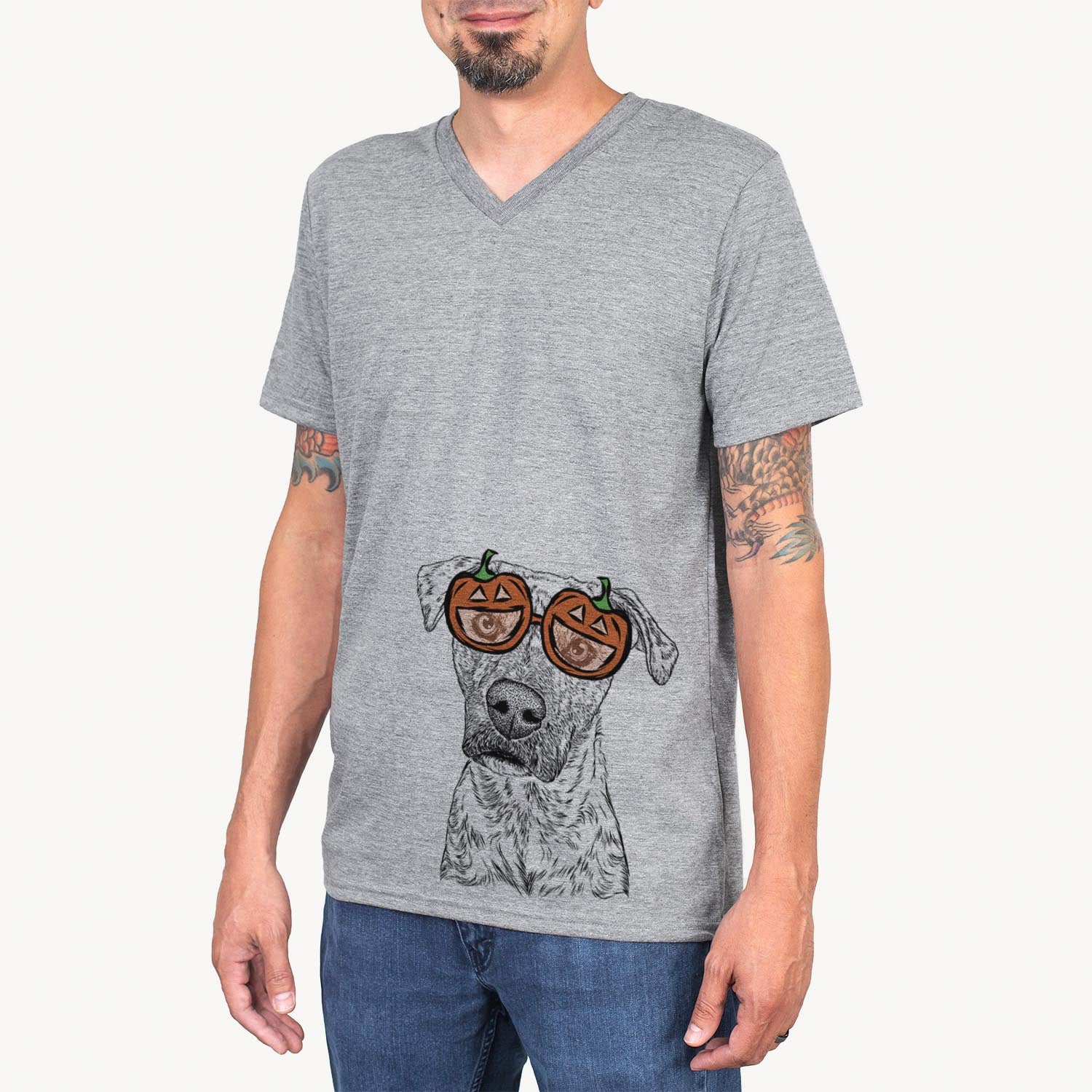 Hand-drawn sketch of Monster Baby the Pitbull Mix wearing pumpkin glasses on a Grey pumpkin collection