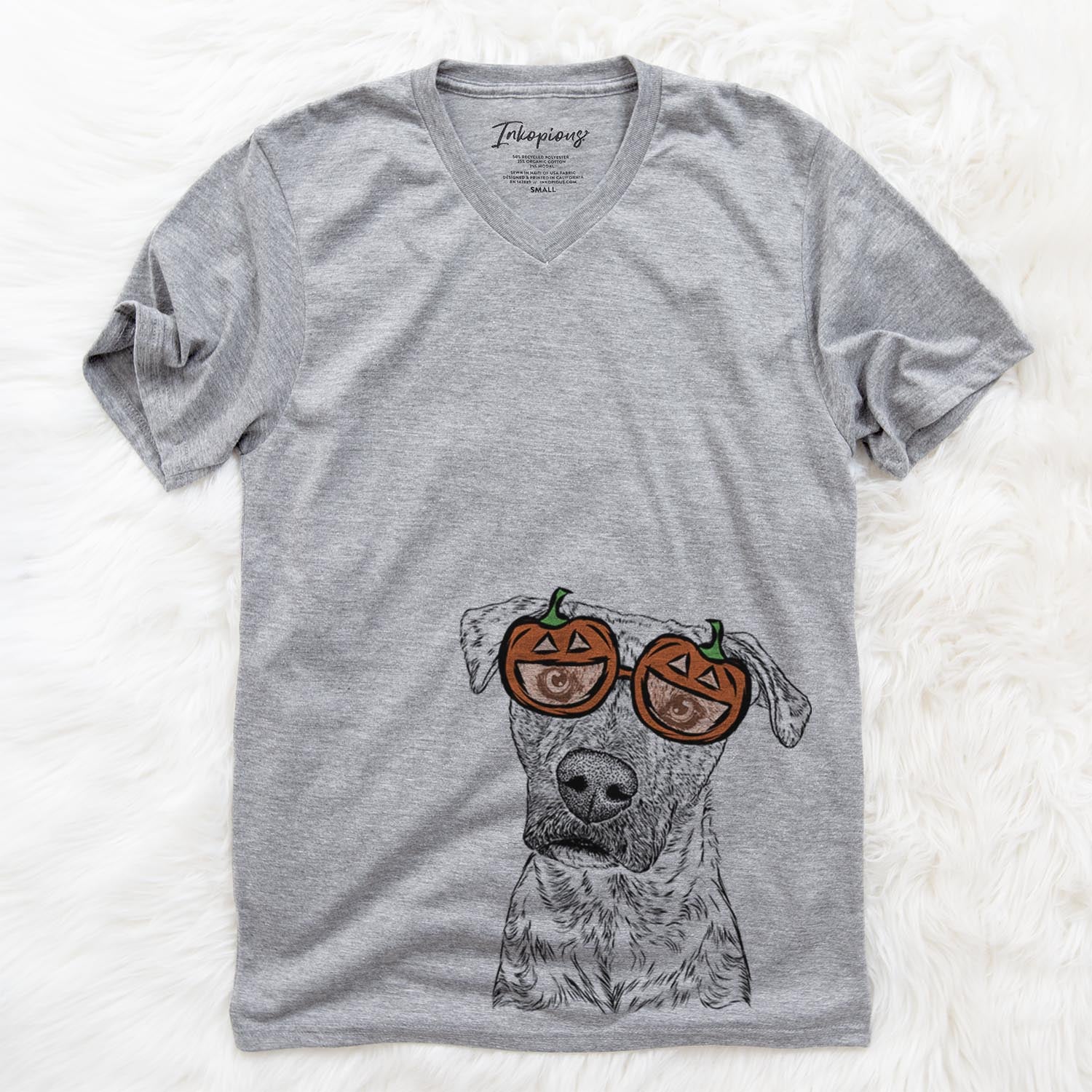 Hand-drawn sketch of Monster Baby the Pitbull Mix wearing pumpkin glasses on a Grey pumpkin collection