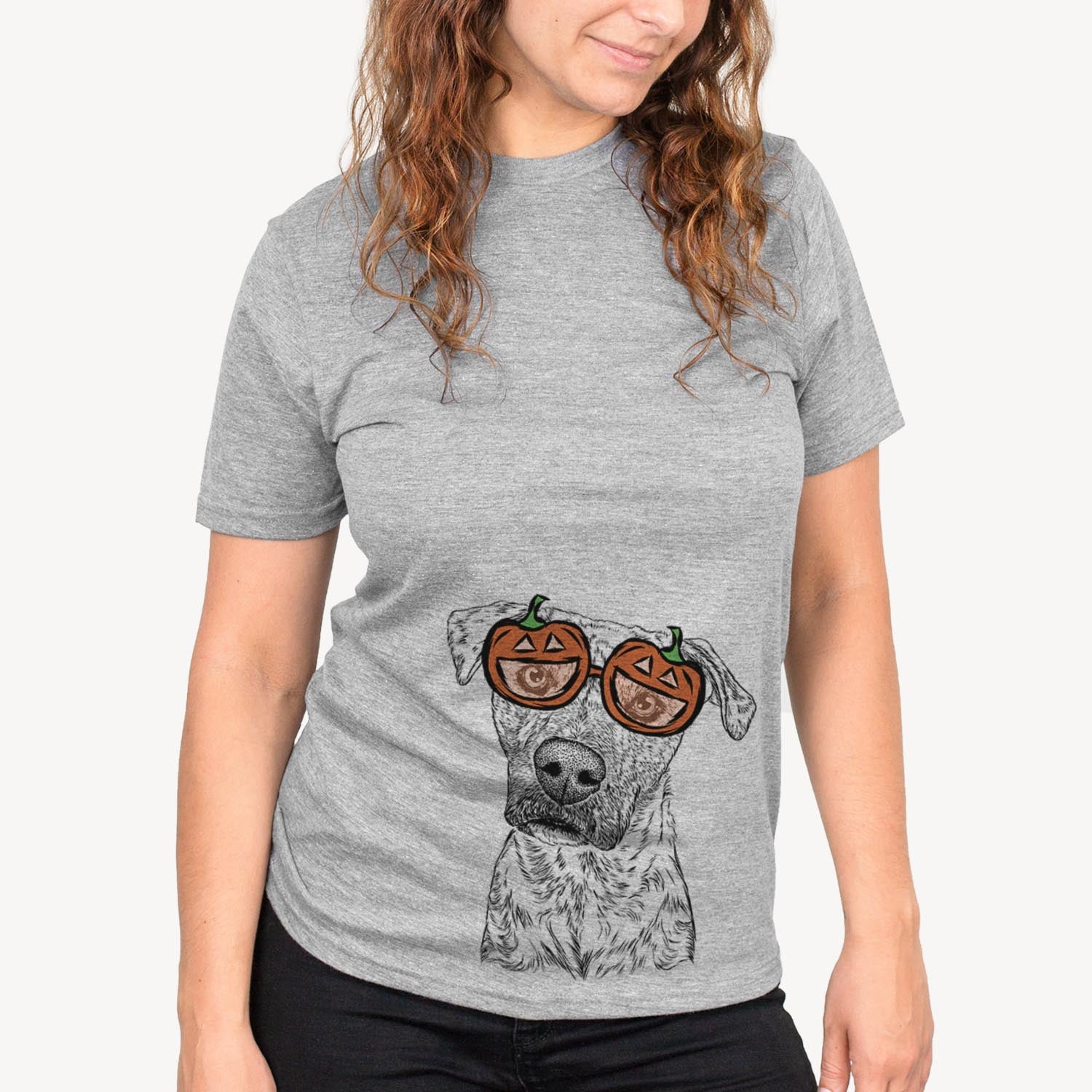 Hand-drawn sketch of Monster Baby the Pitbull Mix wearing pumpkin glasses on a Grey pumpkin collection, on a hanger