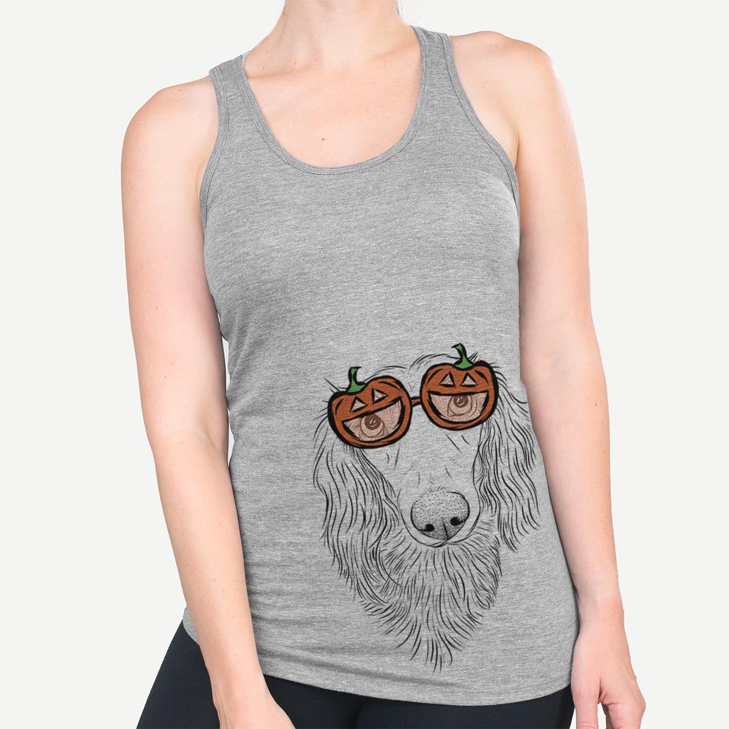 Hand-drawn sketch of Mr. Rusty the Long Haired Dachshund wearing pumpkin glasses on a Mr Rusty pumpkin collection