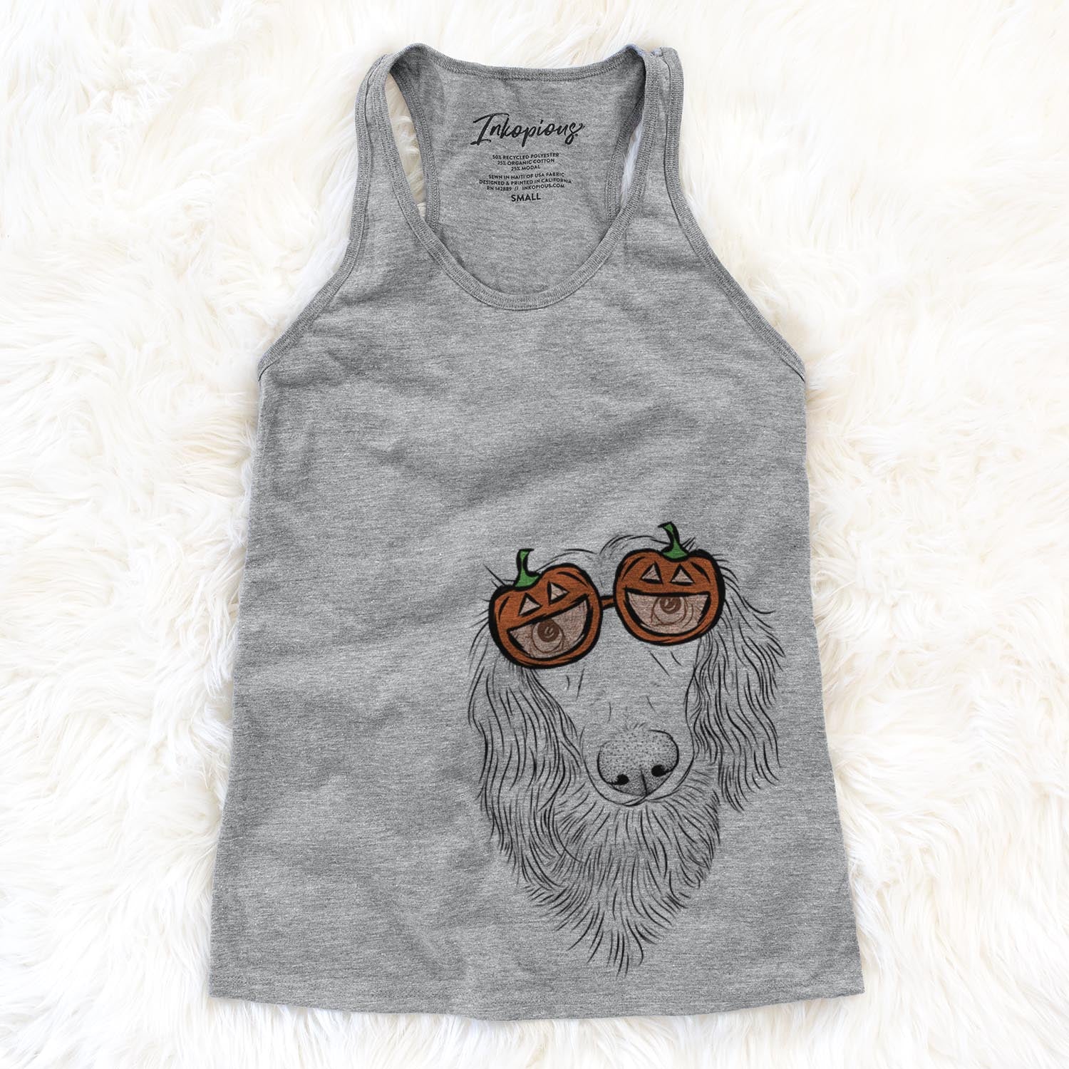 Hand-drawn sketch of Mr. Rusty the Long Haired Dachshund wearing pumpkin glasses on a Mr Rusty pumpkin collection