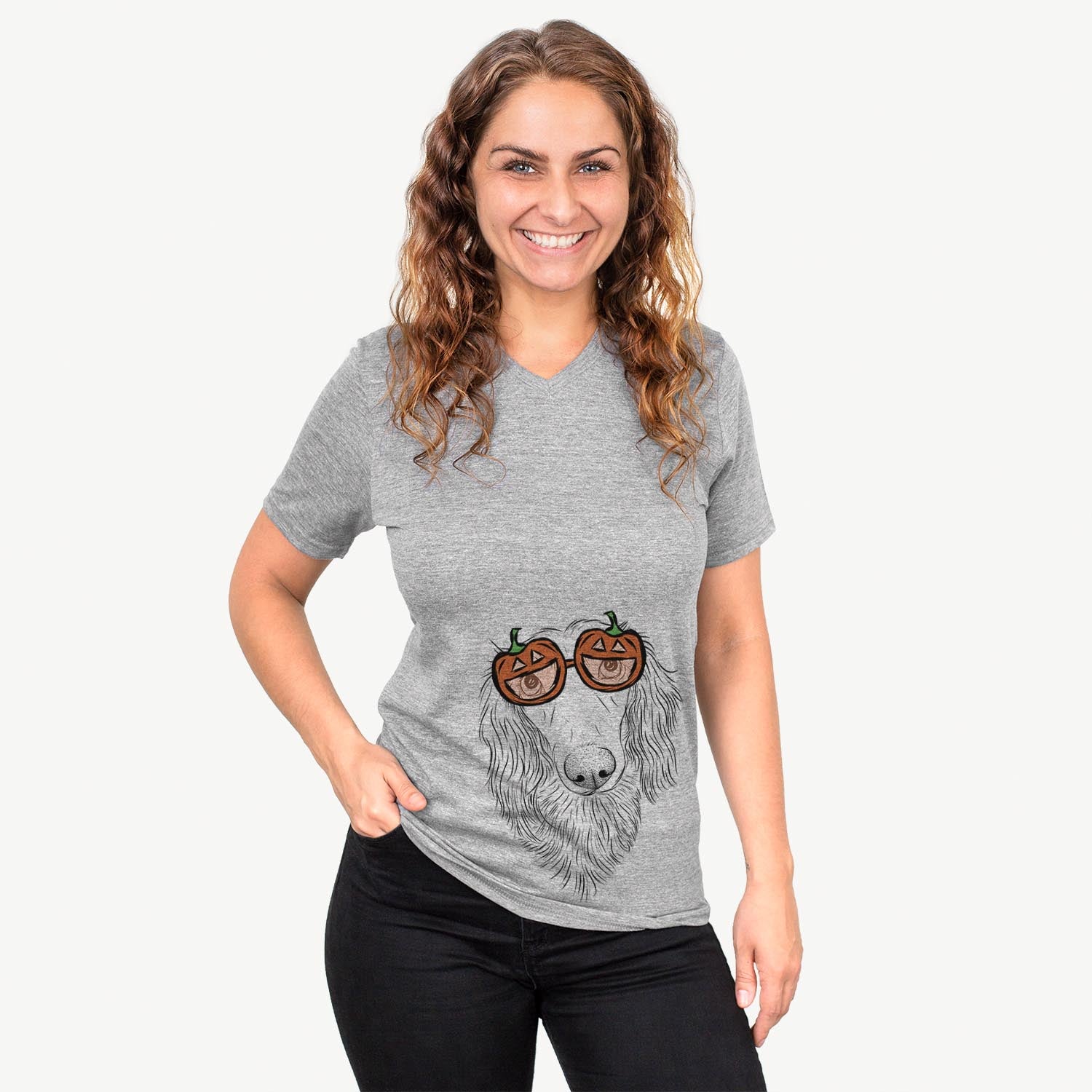 Hand-drawn sketch of Mr. Rusty the Long Haired Dachshund wearing pumpkin glasses on a Mr Rusty pumpkin collection