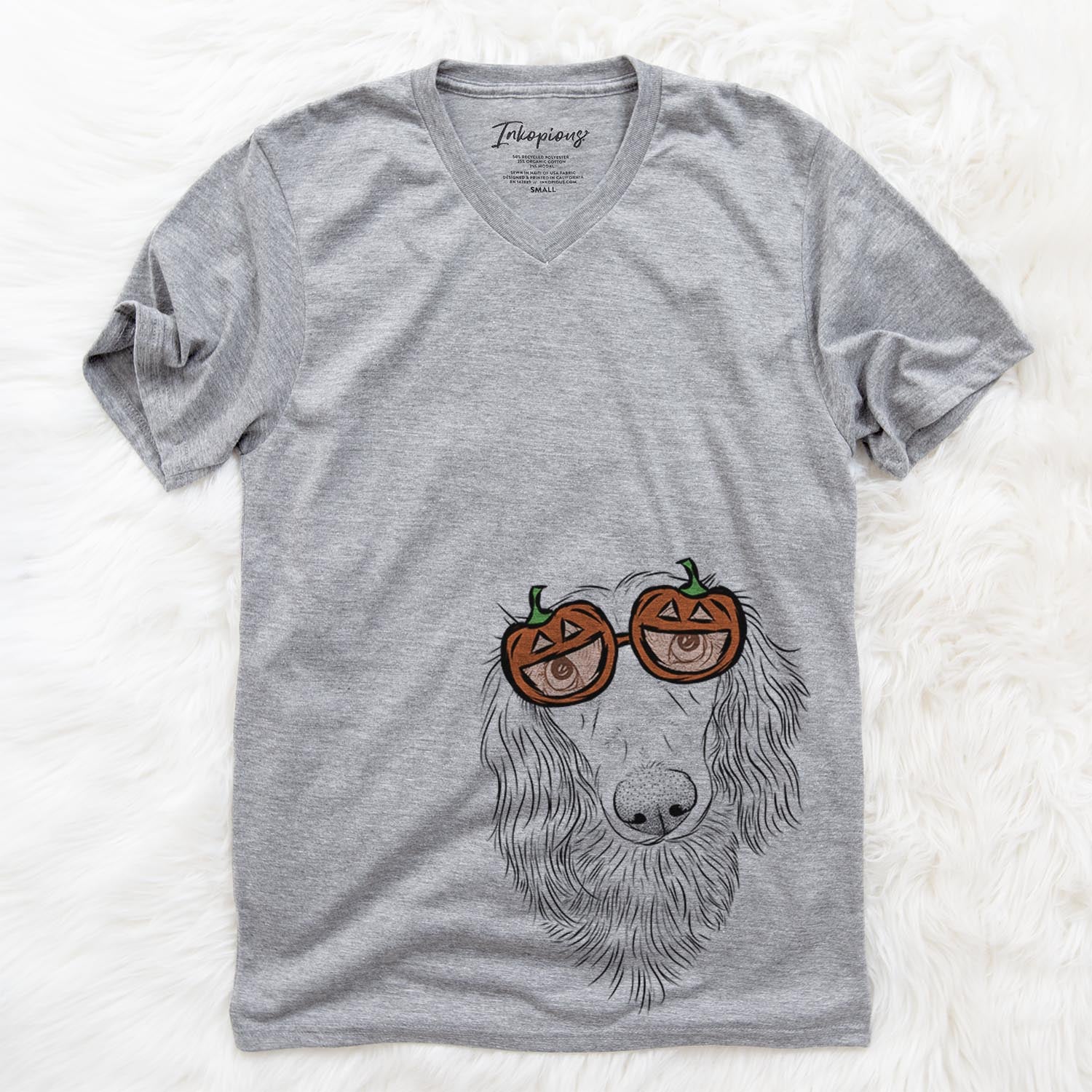 Hand-drawn sketch of Mr. Rusty the Long Haired Dachshund wearing pumpkin glasses on a Mr Rusty pumpkin collection