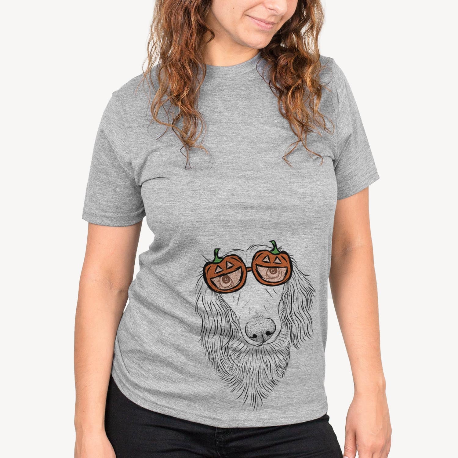 Hand-drawn sketch of Mr. Rusty the Long Haired Dachshund wearing pumpkin glasses on a Mr Rusty pumpkin collection, on a hanger
