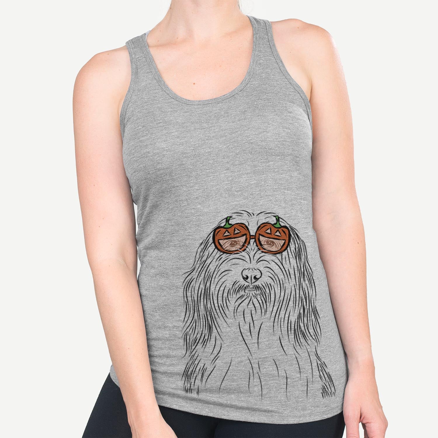 Hand-drawn sketch of Murray the Bearded Collie wearing pumpkin glasses on a Grey pumpkin collection