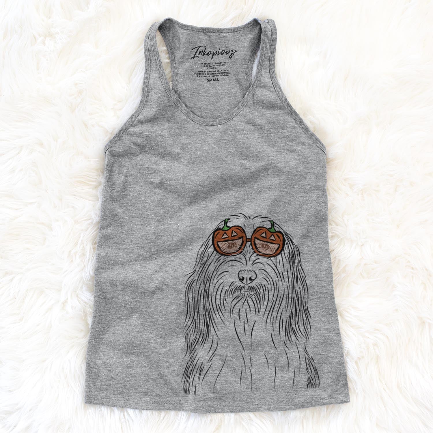 Hand-drawn sketch of Murray the Bearded Collie wearing pumpkin glasses on a Grey pumpkin collection