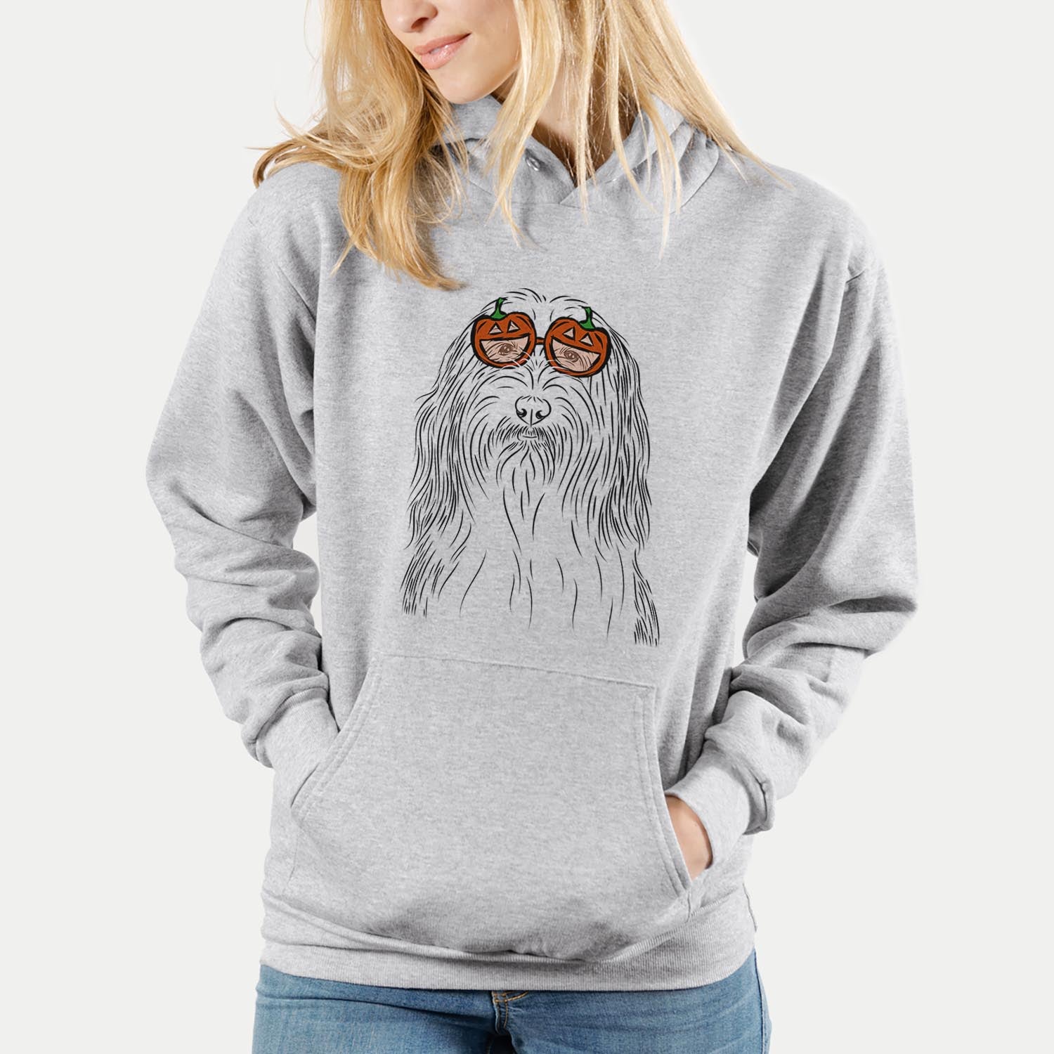 Hand-drawn sketch of Murray the Bearded Collie wearing pumpkin glasses on a Grey pumpkin collection