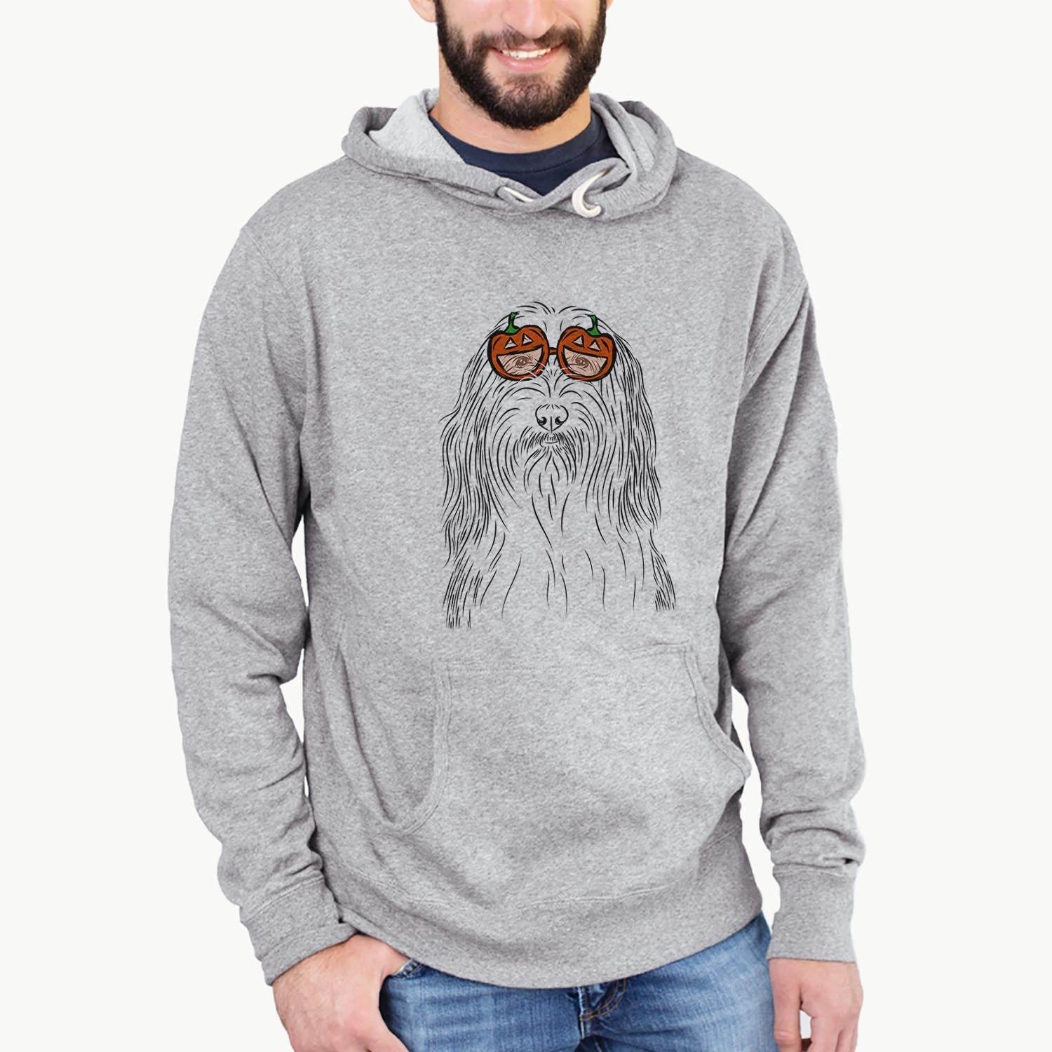 Hand-drawn sketch of Murray the Bearded Collie wearing pumpkin glasses on a Grey pumpkin collection