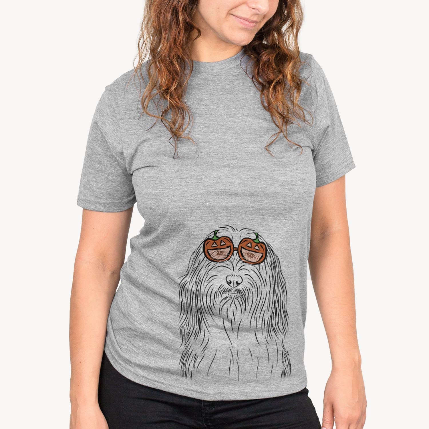 Hand-drawn sketch of Murray the Bearded Collie wearing pumpkin glasses on a Grey pumpkin collection, on a hanger