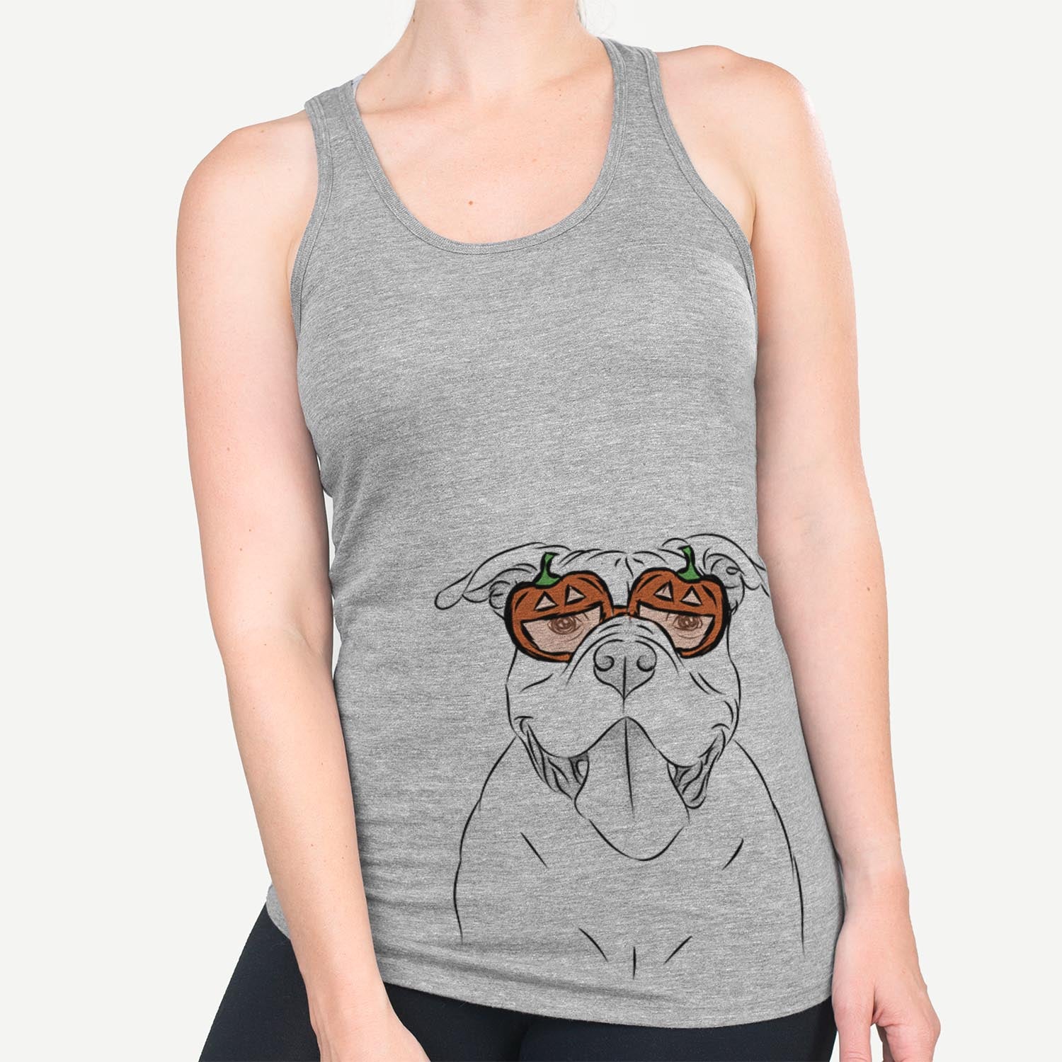 Hand-drawn sketch of Nacho the American Bully wearing pumpkin glasses on a Grey pumpkin collection