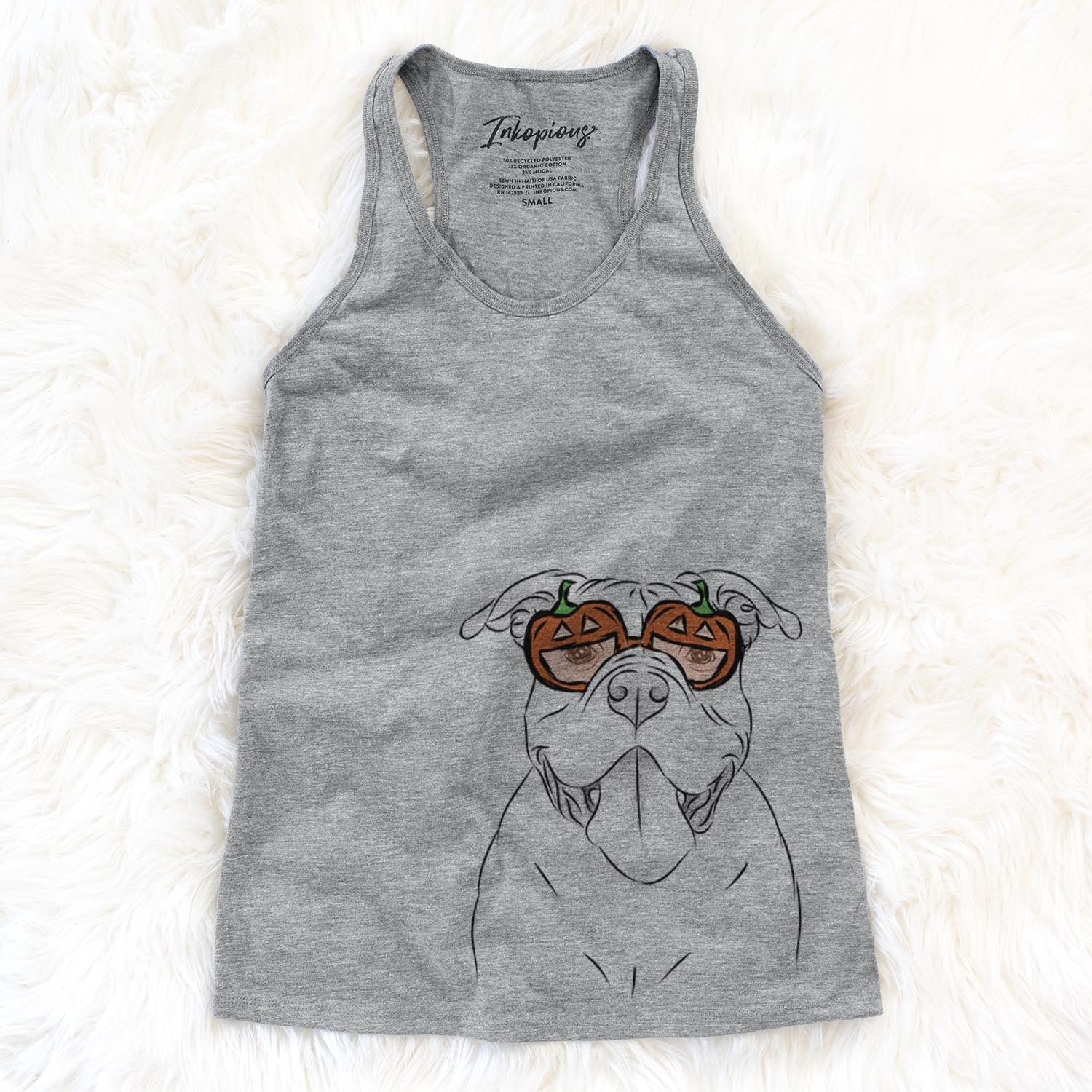 Hand-drawn sketch of Nacho the American Bully wearing pumpkin glasses on a Grey pumpkin collection