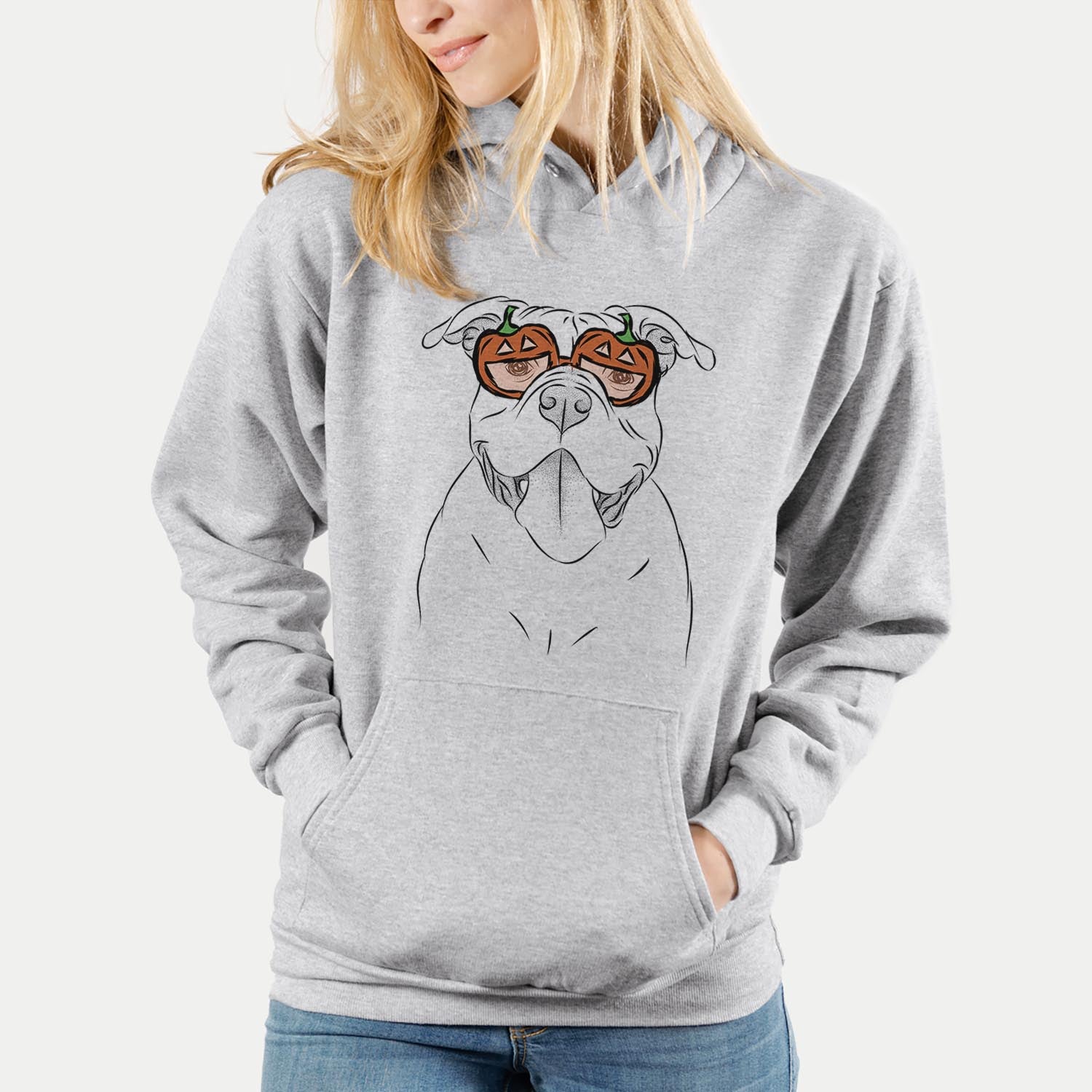 Hand-drawn sketch of Nacho the American Bully wearing pumpkin glasses on a Grey pumpkin collection