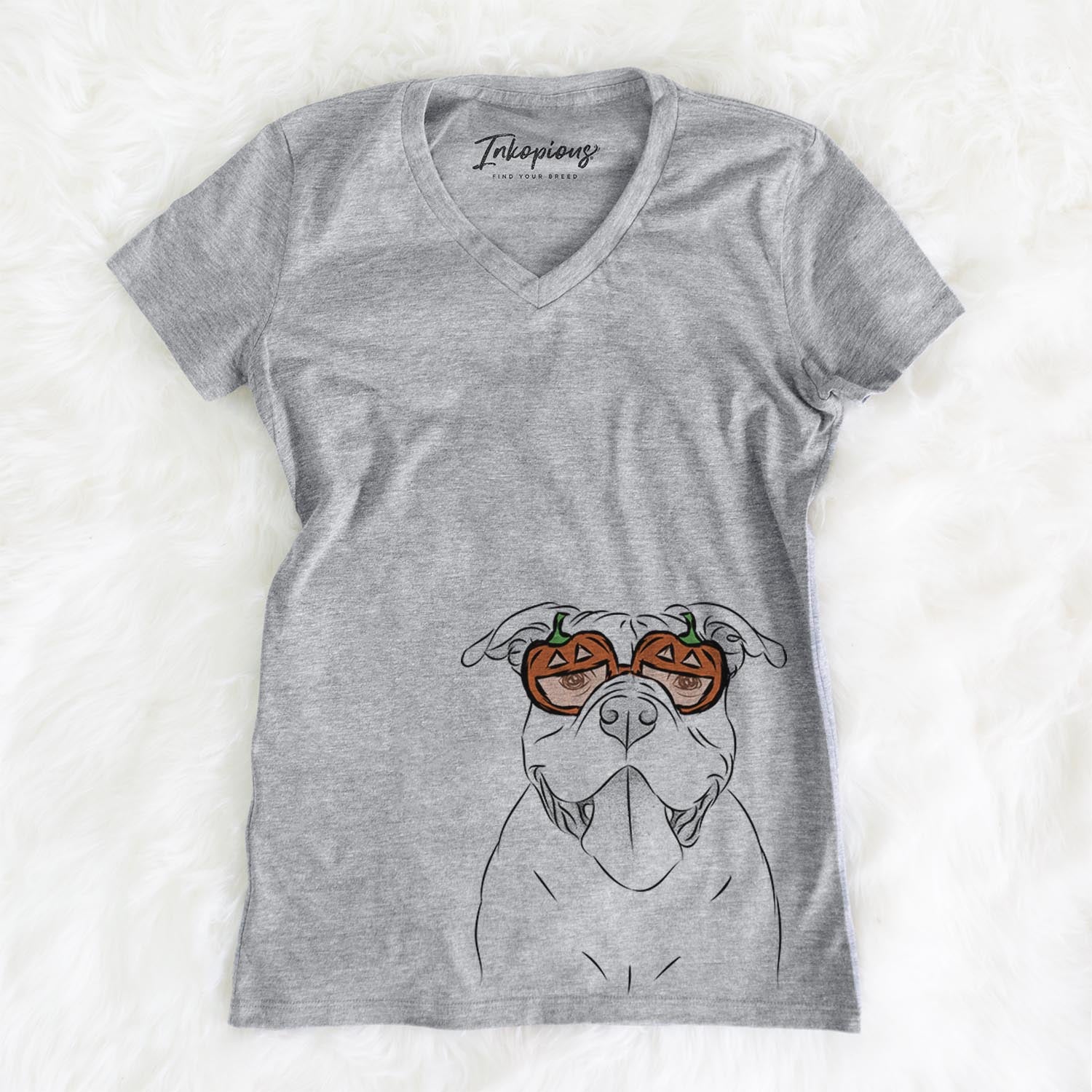 Hand-drawn sketch of Nacho the American Bully wearing pumpkin glasses on a Grey pumpkin collection, on a hanger