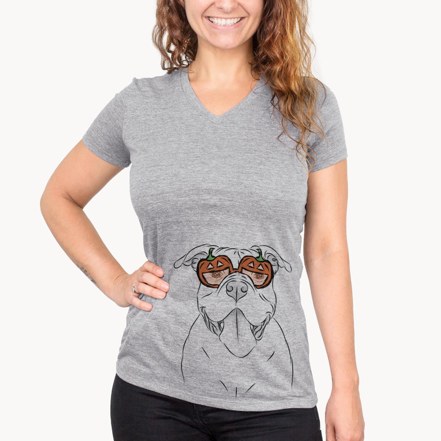 Hand-drawn sketch of Nacho the American Bully wearing pumpkin glasses on a Grey pumpkin collection
