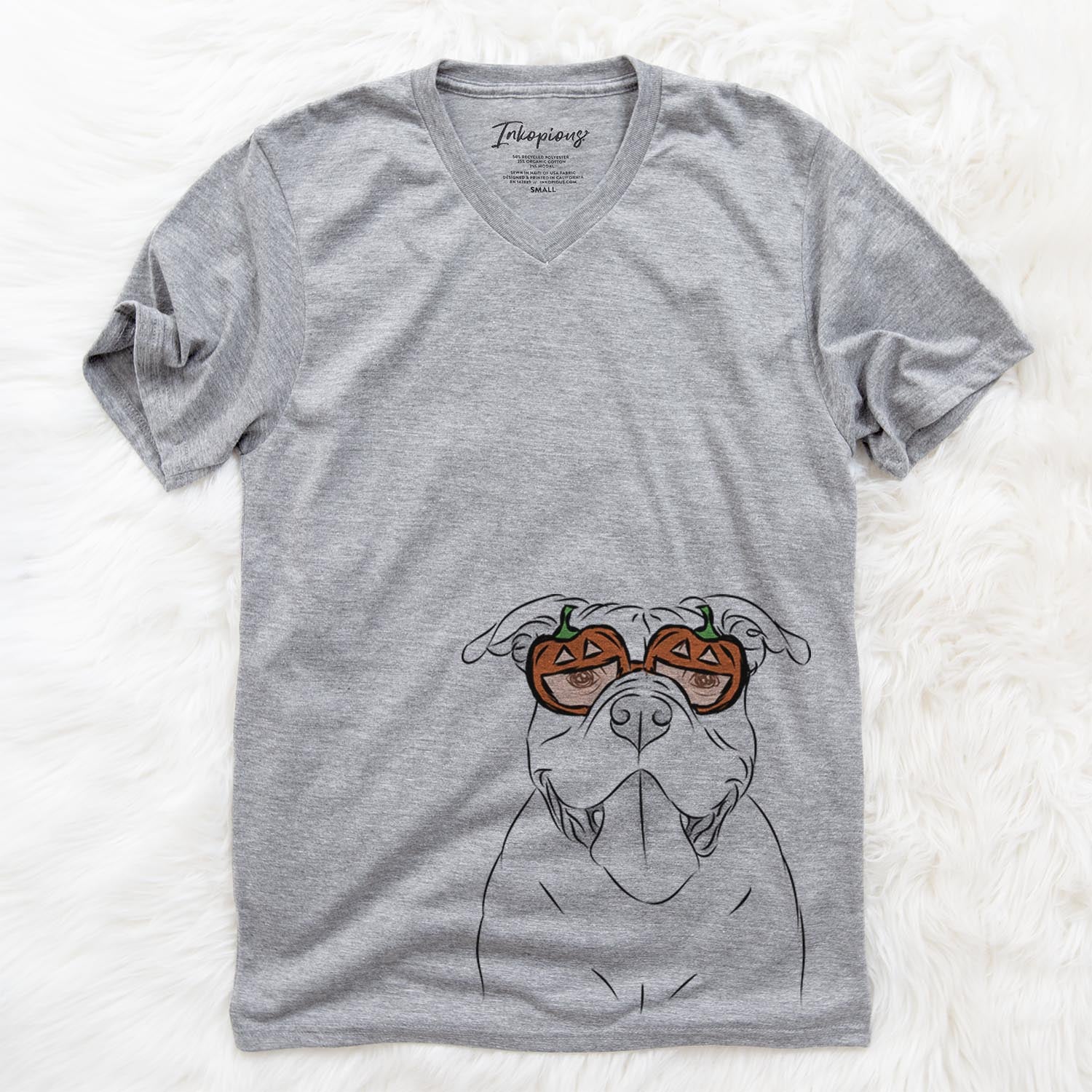 Hand-drawn sketch of Nacho the American Bully wearing pumpkin glasses on a Grey pumpkin collection