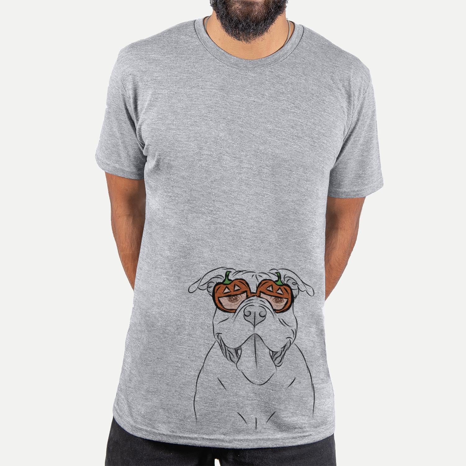 Hand-drawn sketch of Nacho the American Bully wearing pumpkin glasses on a Grey pumpkin collection, hanging on a wall