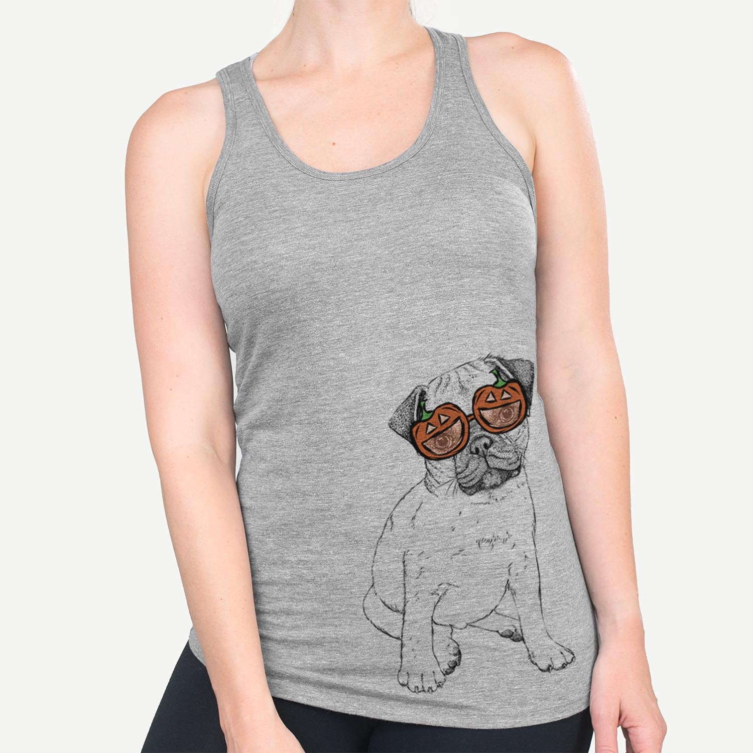 Hand-drawn sketch of Nelson the Pug wearing pumpkin glasses on a Grey pumpkin collection