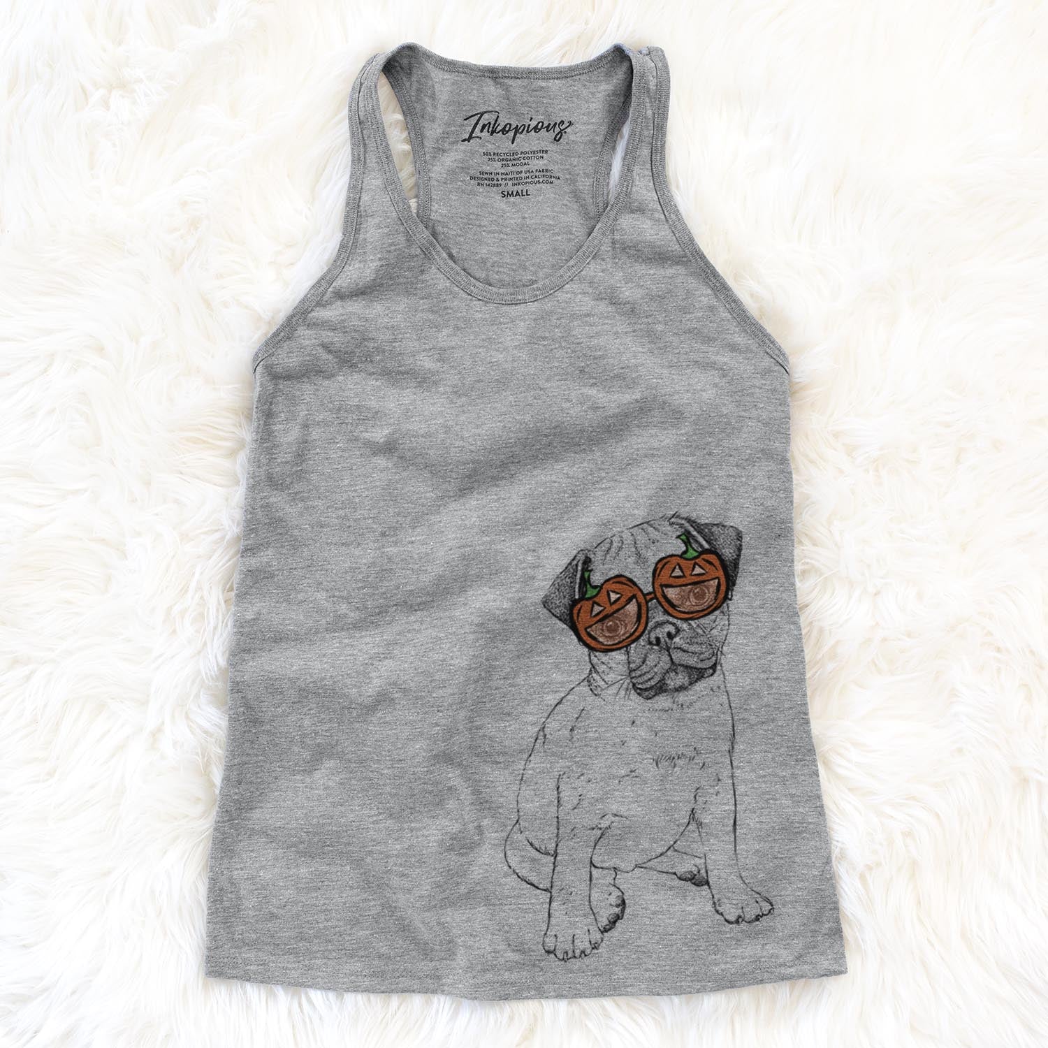 Hand-drawn sketch of Nelson the Pug wearing pumpkin glasses on a Grey pumpkin collection