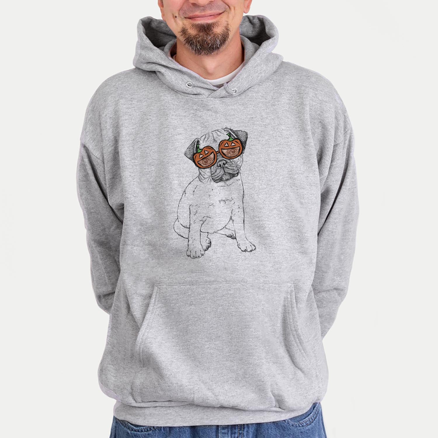 Hand-drawn sketch of Nelson the Pug wearing pumpkin glasses on a Grey pumpkin collection, hanging on a wall