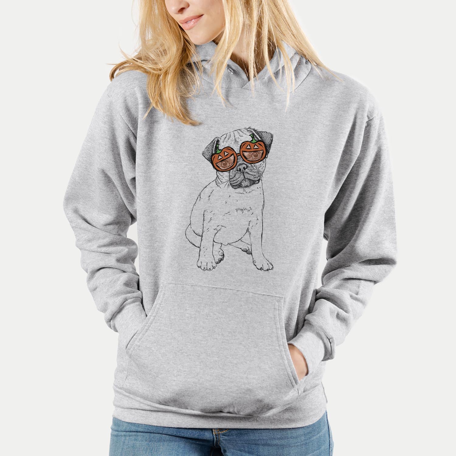 Hand-drawn sketch of Nelson the Pug wearing pumpkin glasses on a Grey pumpkin collection