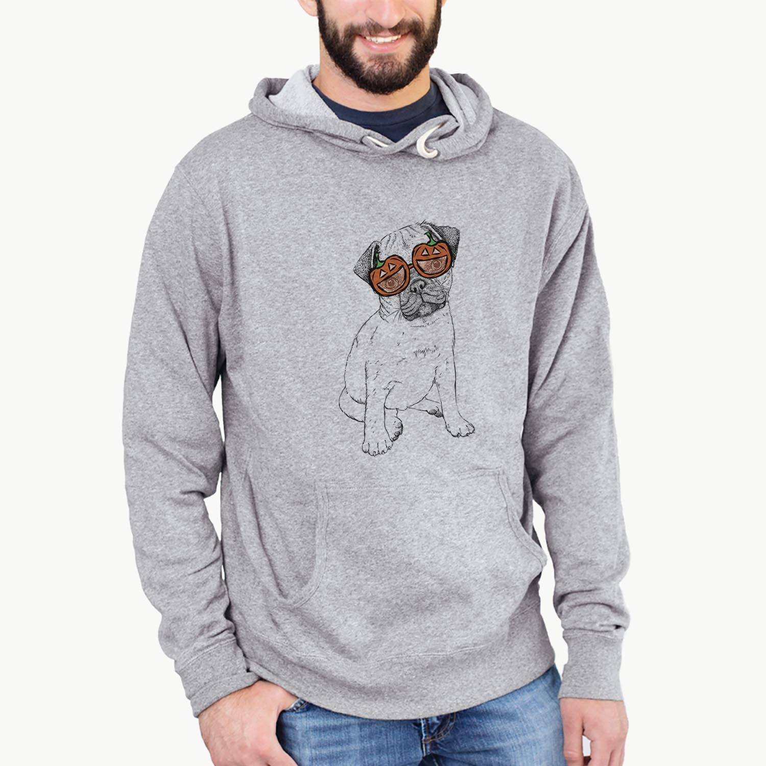 Hand-drawn sketch of Nelson the Pug wearing pumpkin glasses on a Grey pumpkin collection