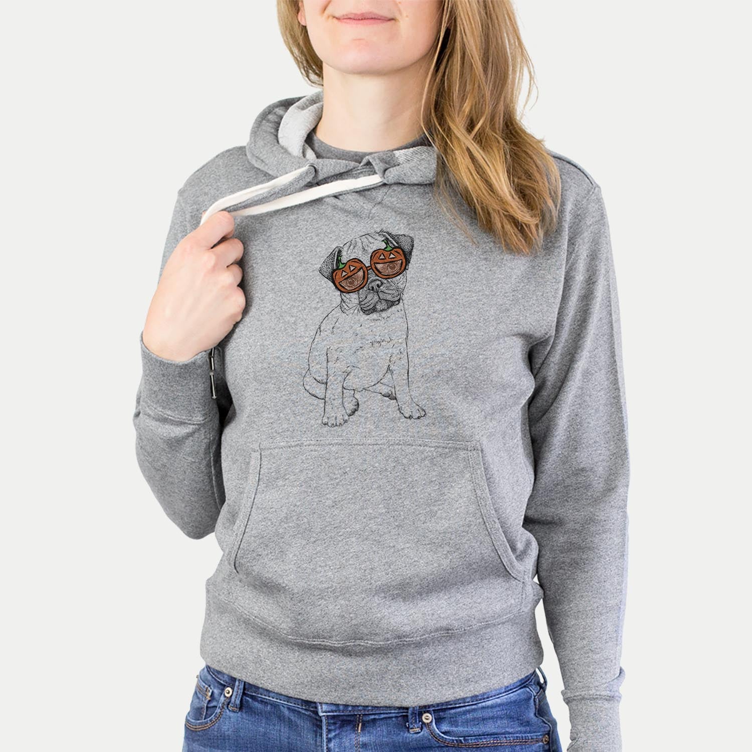 Hand-drawn sketch of Nelson the Pug wearing pumpkin glasses on a Grey pumpkin collection, hanging on a wall
