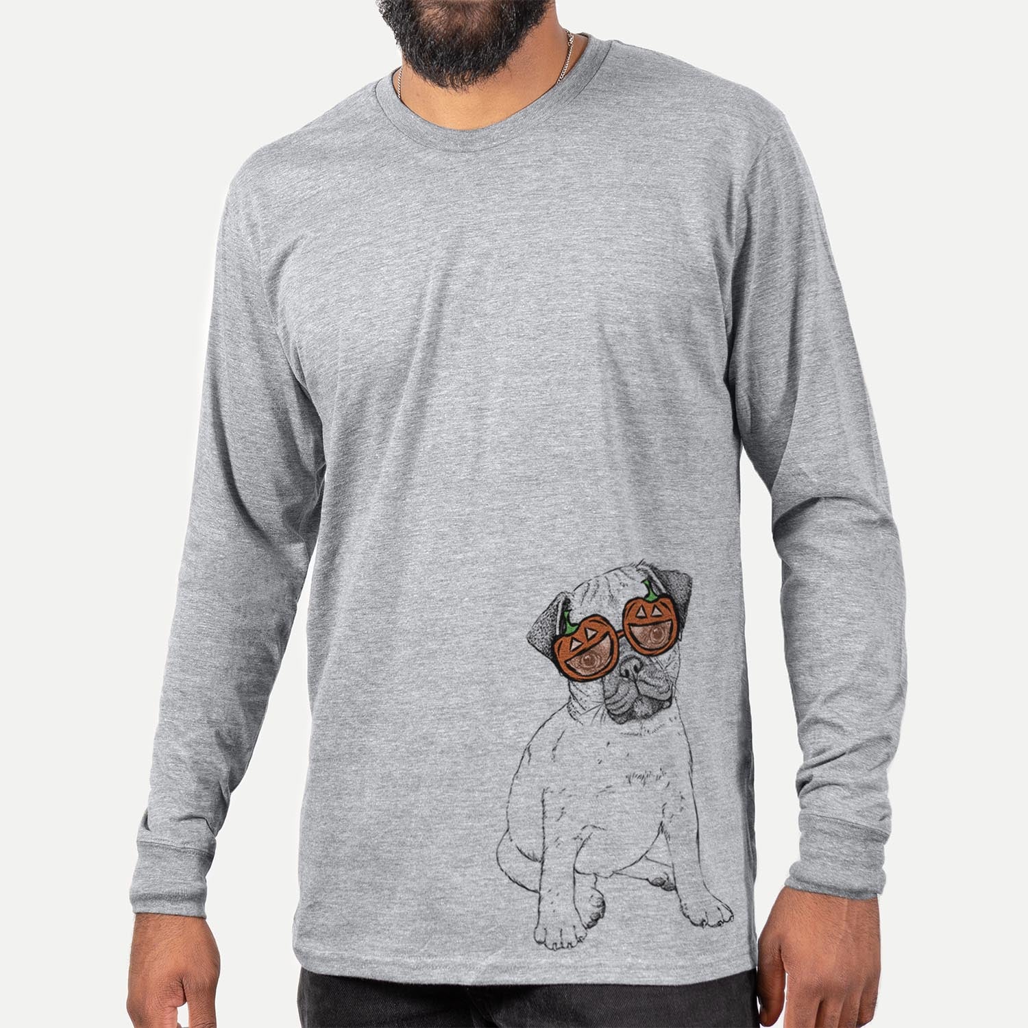 Hand-drawn sketch of Nelson the Pug wearing pumpkin glasses on a Grey pumpkin collection, hanging on a wall