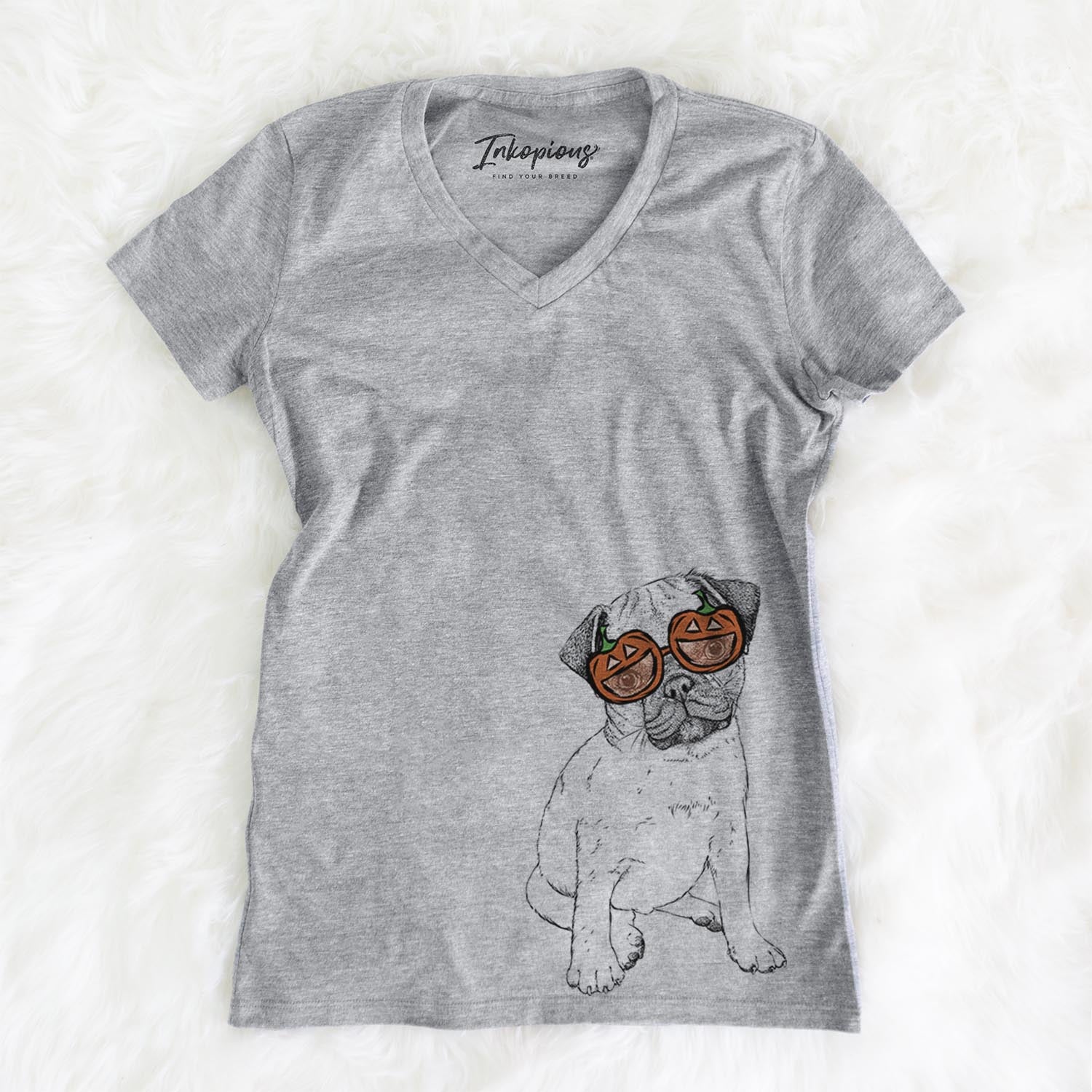 Hand-drawn sketch of Nelson the Pug wearing pumpkin glasses on a Grey pumpkin collection, on a hanger
