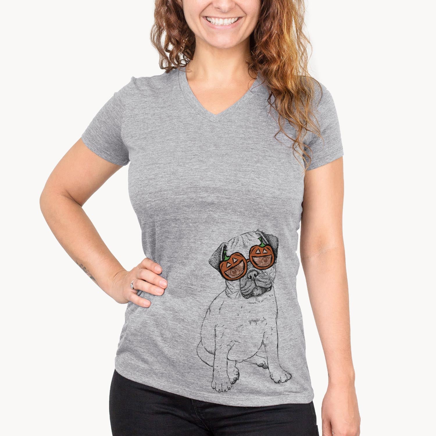 Hand-drawn sketch of Nelson the Pug wearing pumpkin glasses on a Grey pumpkin collection