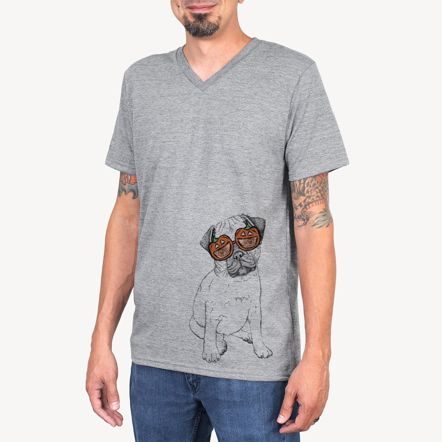 Hand-drawn sketch of Nelson the Pug wearing pumpkin glasses on a Grey pumpkin collection