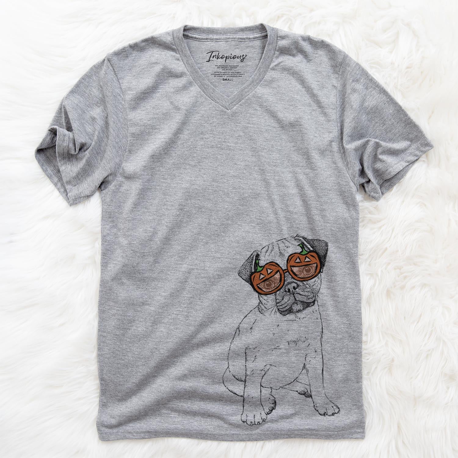 Hand-drawn sketch of Nelson the Pug wearing pumpkin glasses on a Grey pumpkin collection