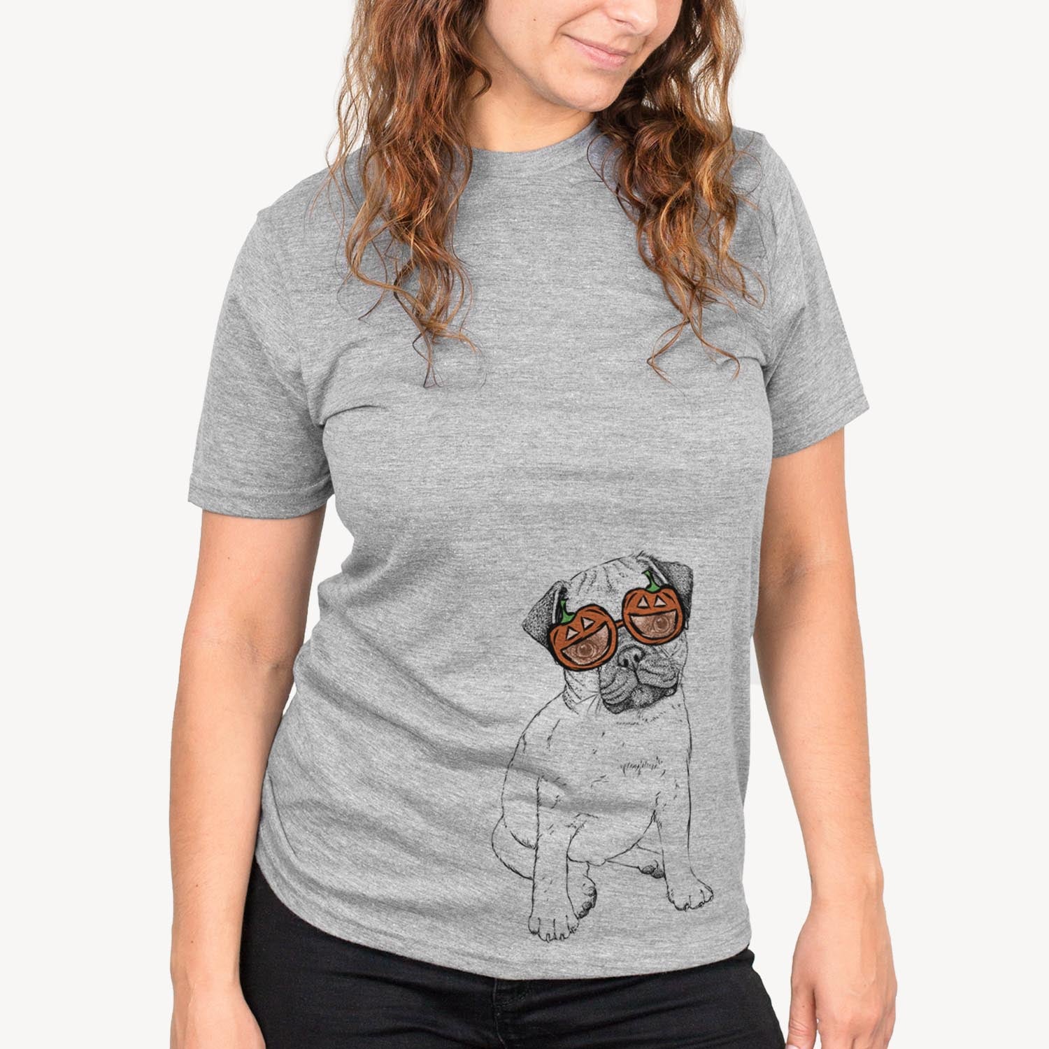 Hand-drawn sketch of Nelson the Pug wearing pumpkin glasses on a Grey pumpkin collection, on a hanger