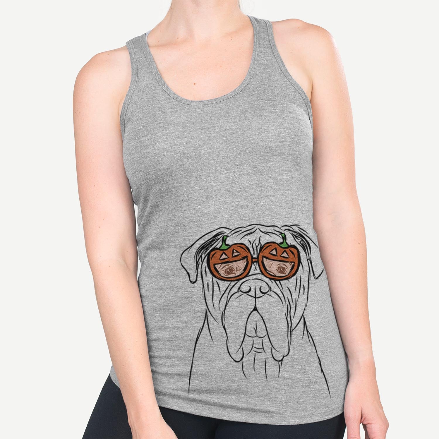 Hand-drawn sketch of Nolan the Bull Mastiff wearing pumpkin glasses on a Grey pumpkin collection