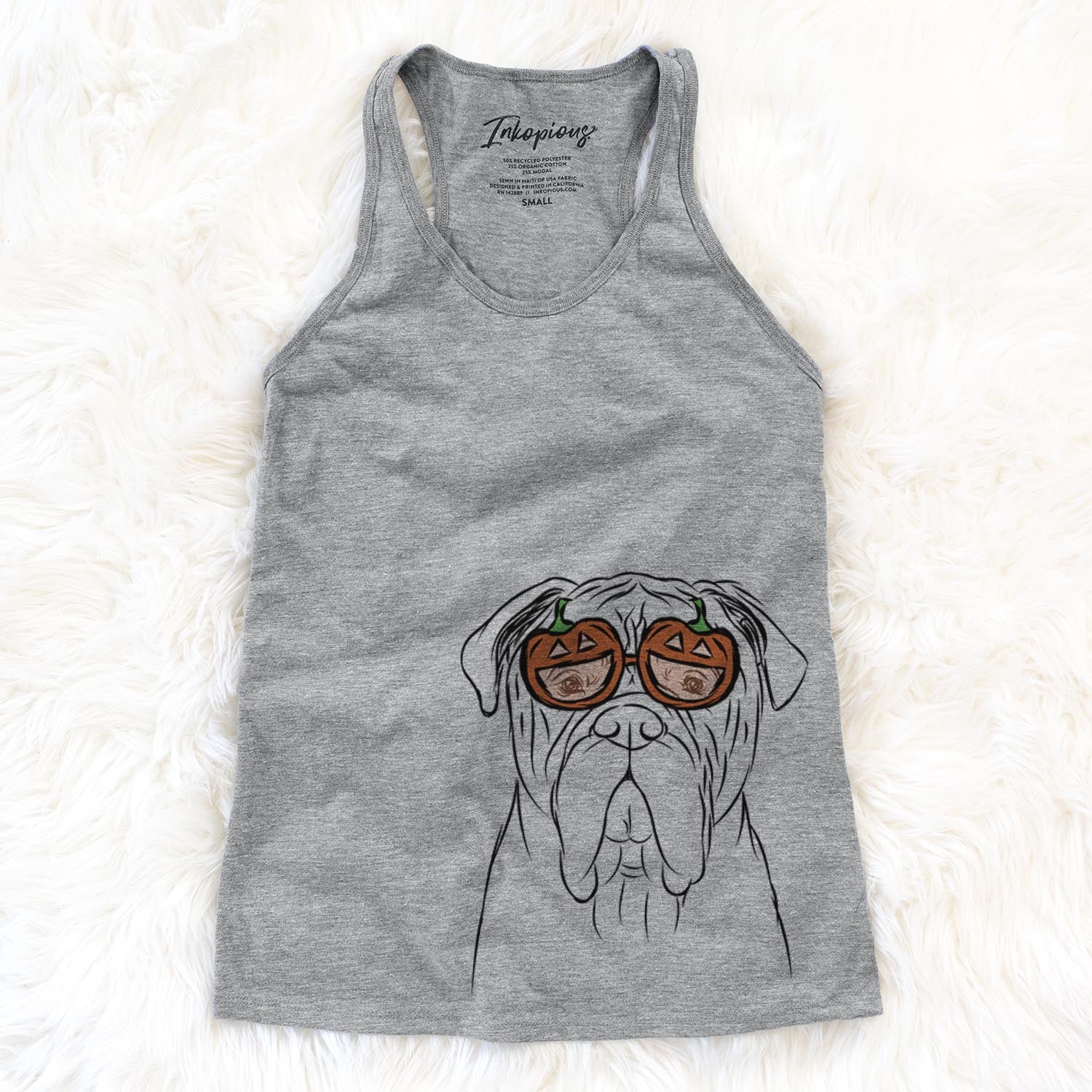 Hand-drawn sketch of Nolan the Bull Mastiff wearing pumpkin glasses on a Grey pumpkin collection